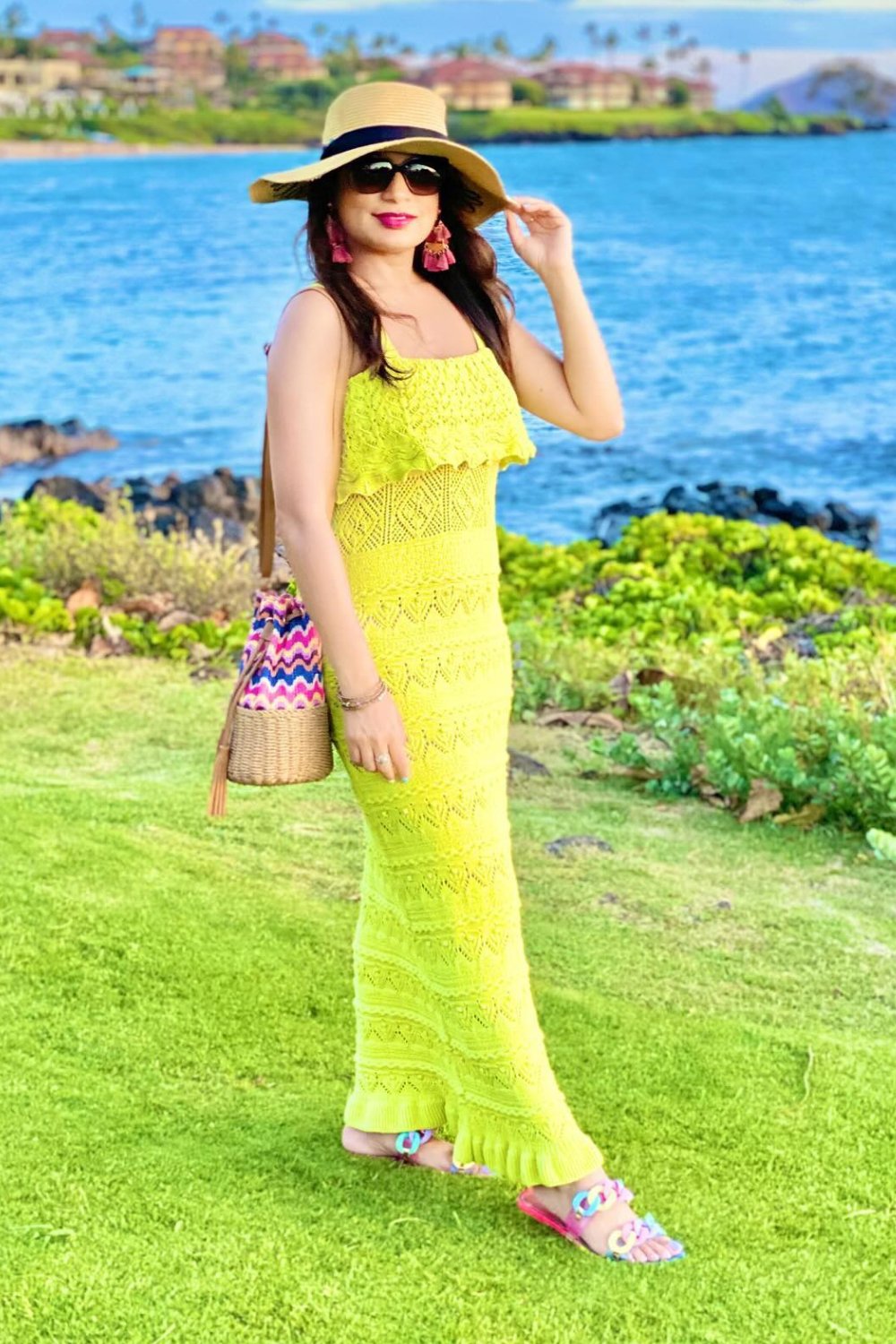 Bright Crochet Maxi Dress and Sun Hat