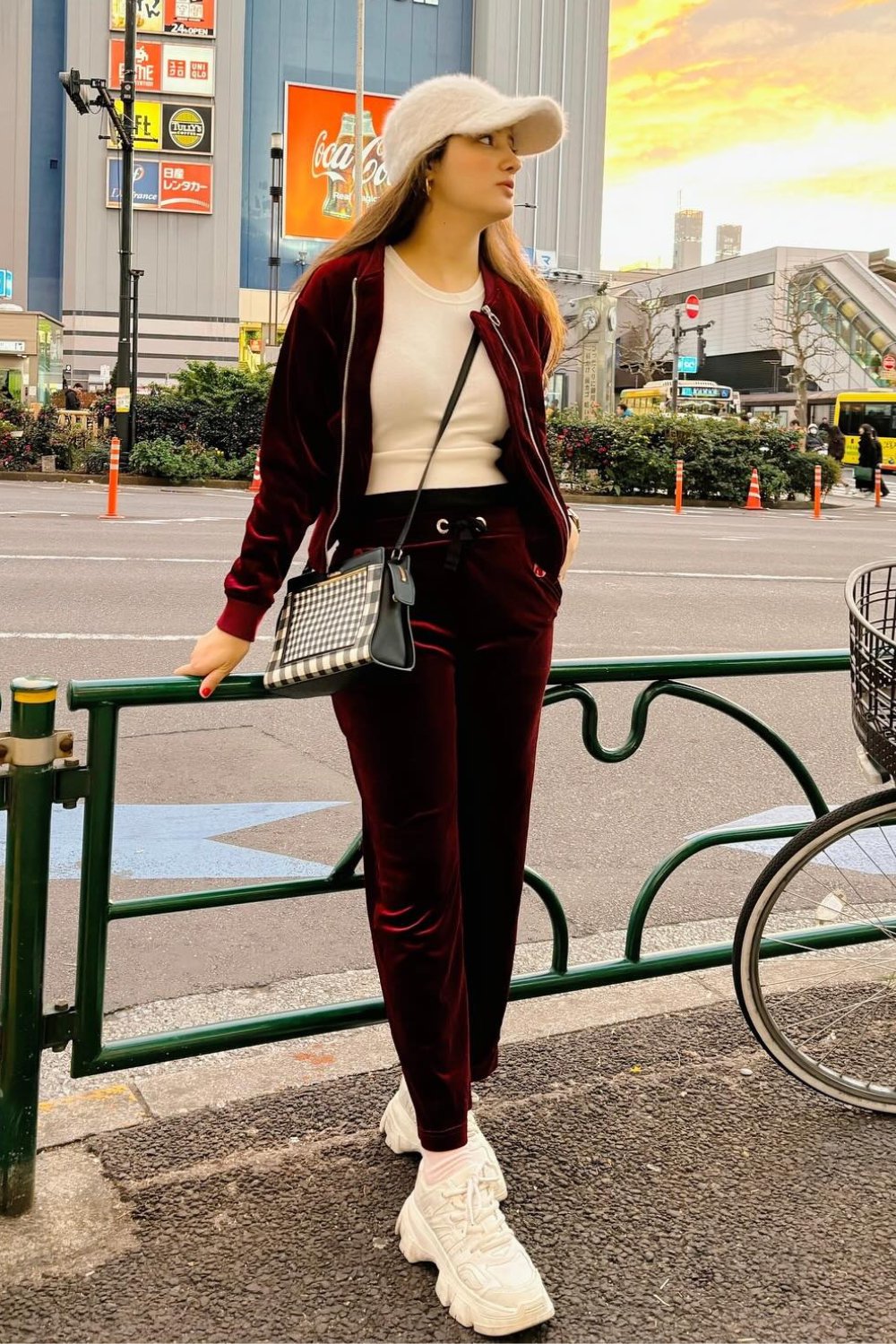 Dark Velvet Tracksuit and White Sneakers