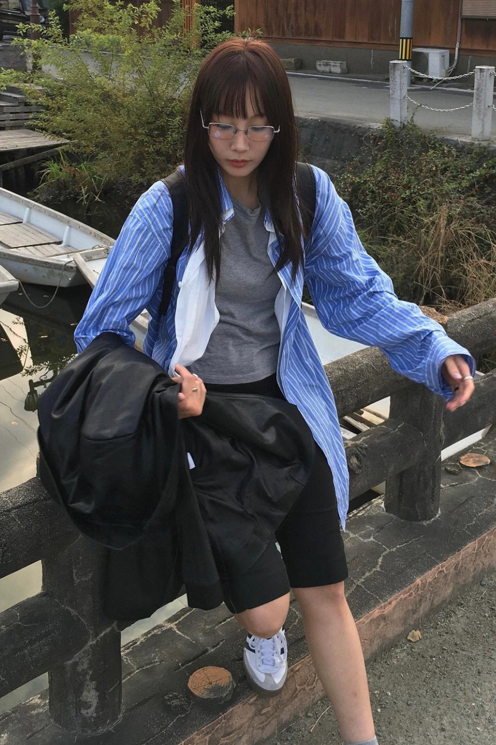 Striped Button-Up, Black Shorts, and Sneakers