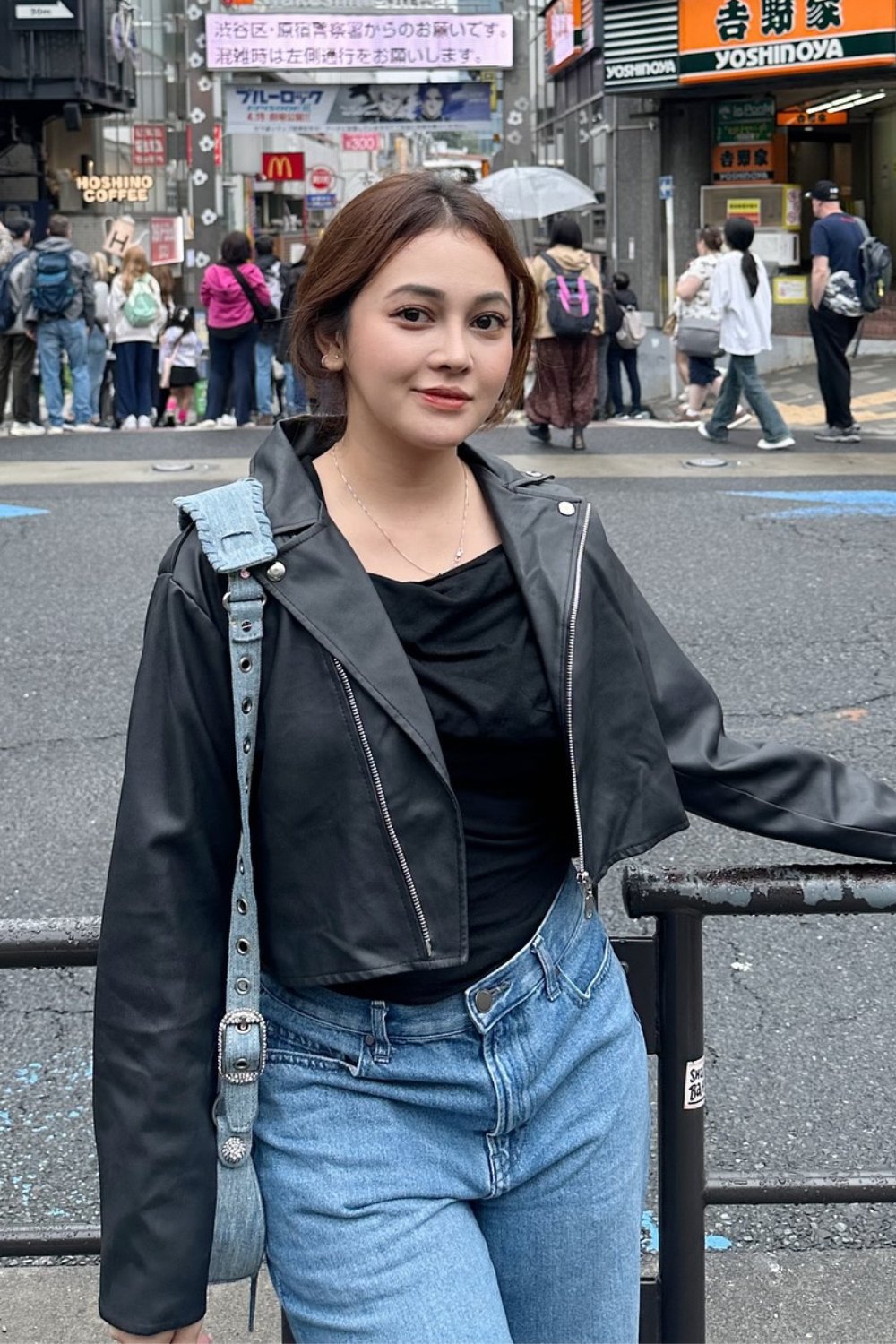 Black Leather Jacket, Black Top, and Light Wash Jeans