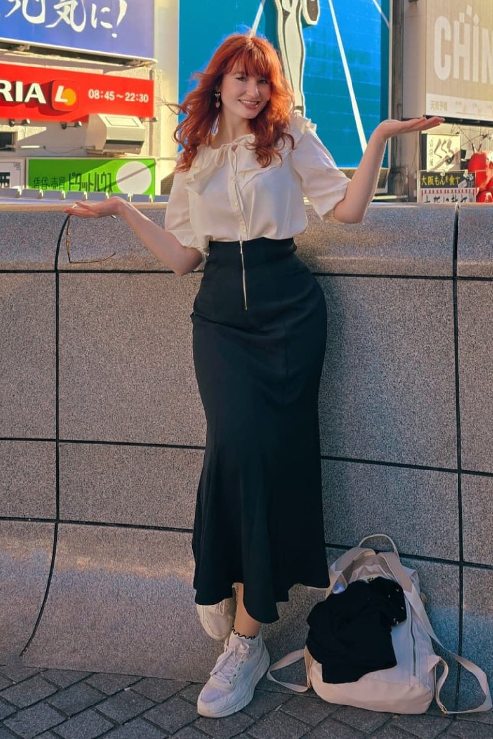 Ruffled Blouse and Black Maxi Skirt