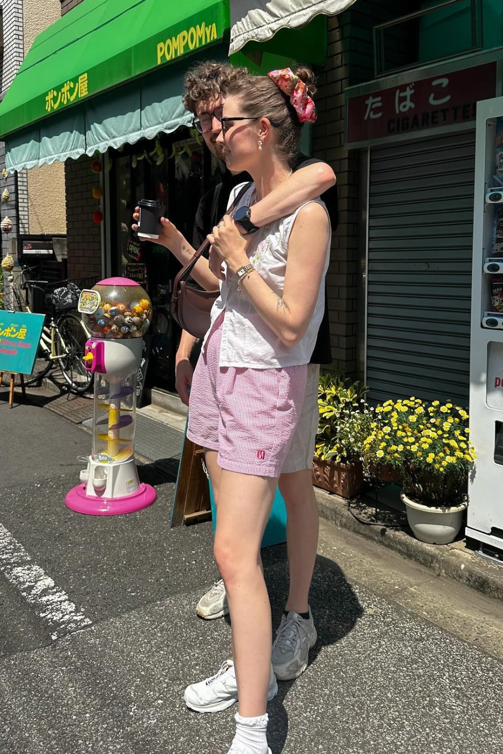 Pink Striped Shorts and White Sneakers