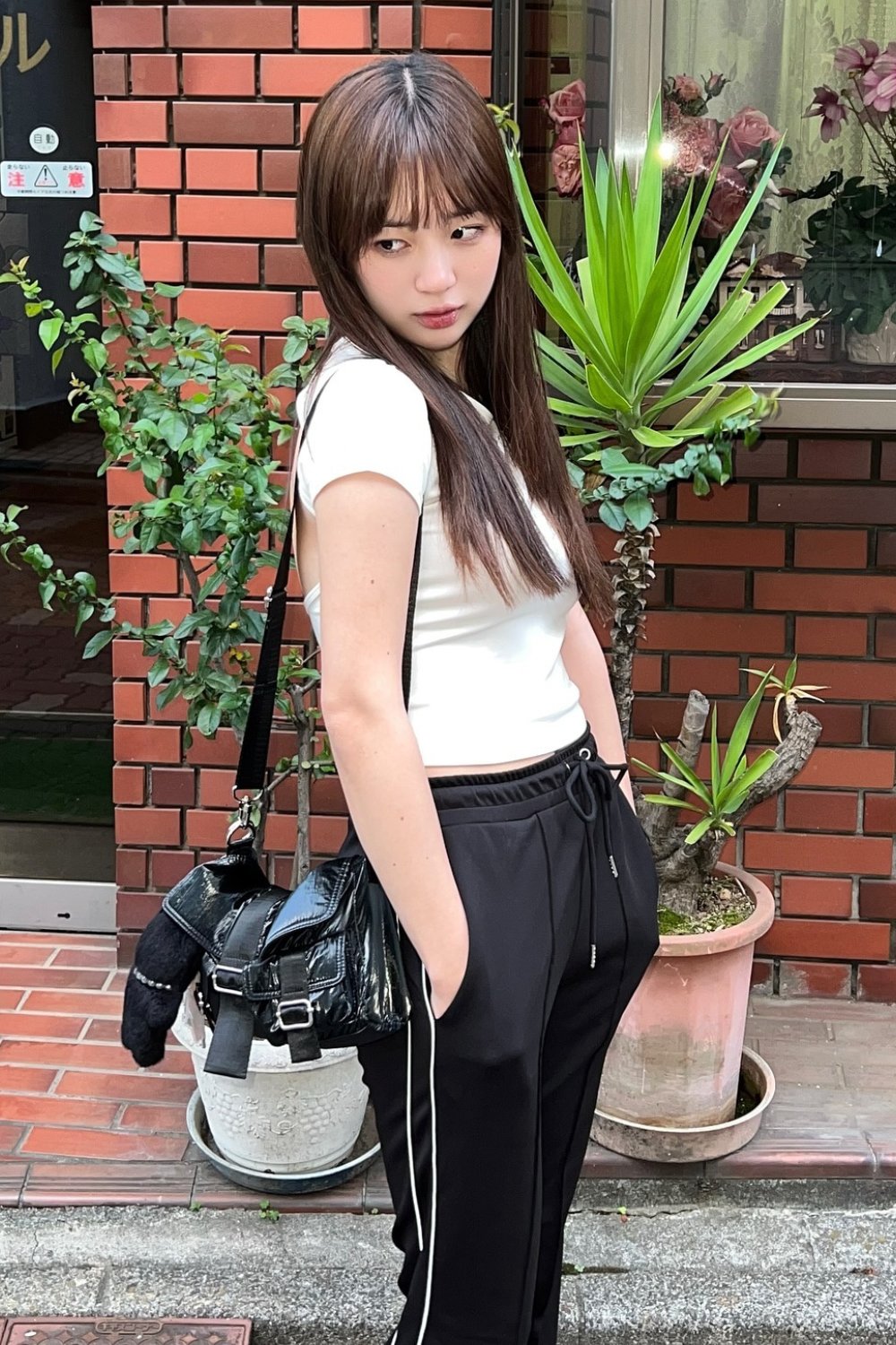 White Cropped T-Shirt and Black Drawstring Pants