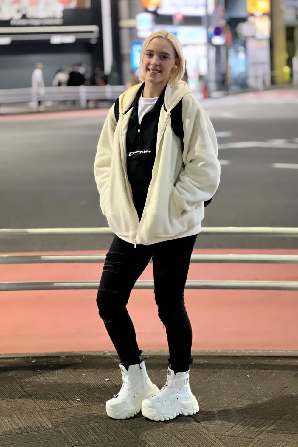 White Fleece Jacket, Black Outfit, and Platform Boots