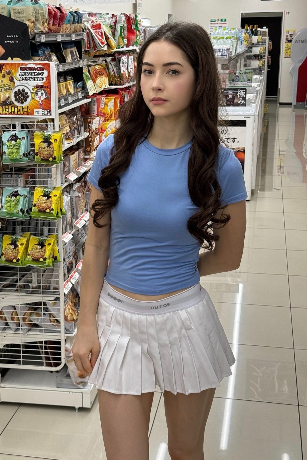 Light Blue Crop Top and White Pleated Skirt