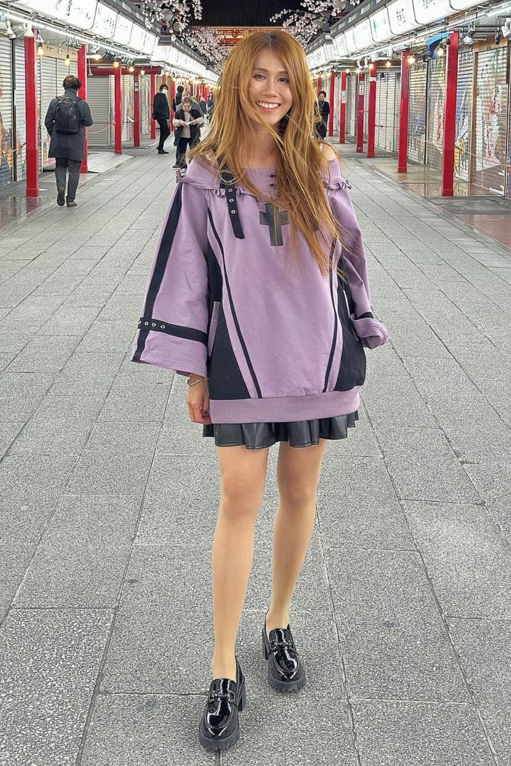 Lavender Sweatshirt, Black Mini Skirt, and Loafers