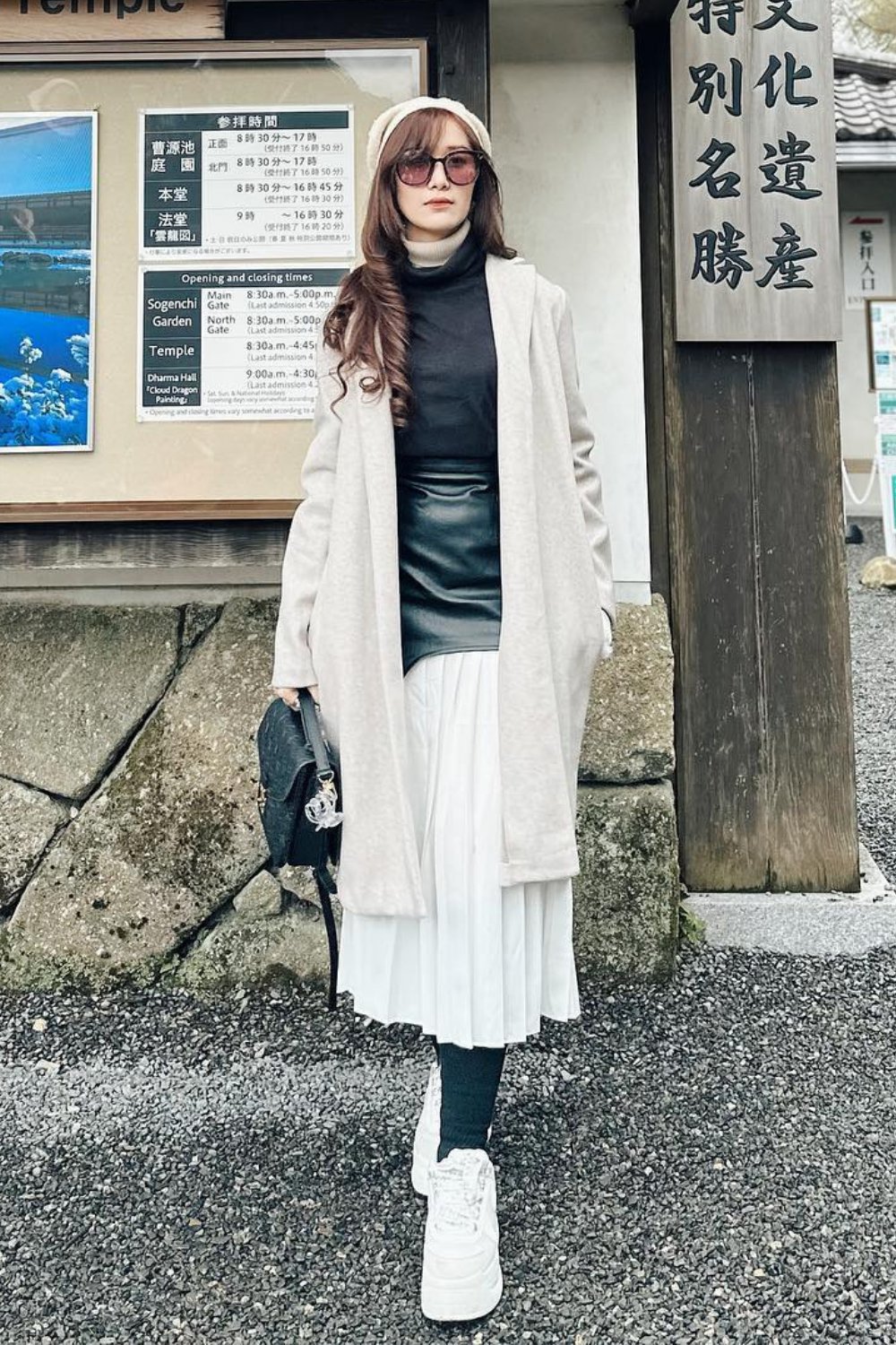 Cream Coat, Black Turtleneck, White Skirt, and Sneakers