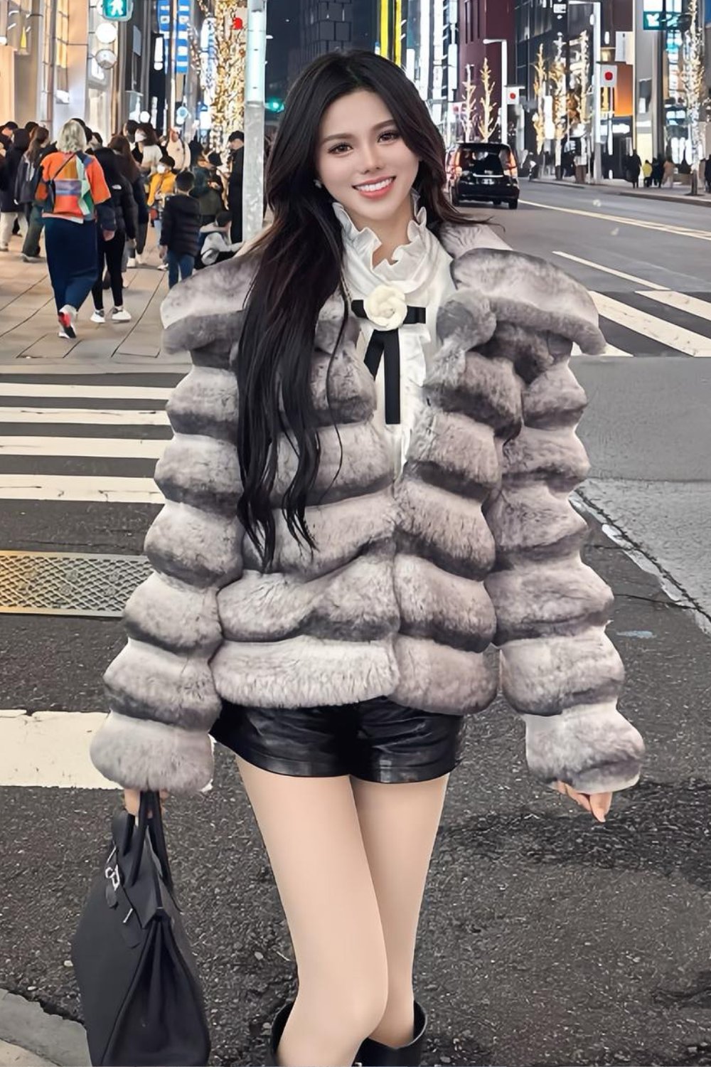 Fur Coat, White Ruffled Blouse, and Leather Shorts