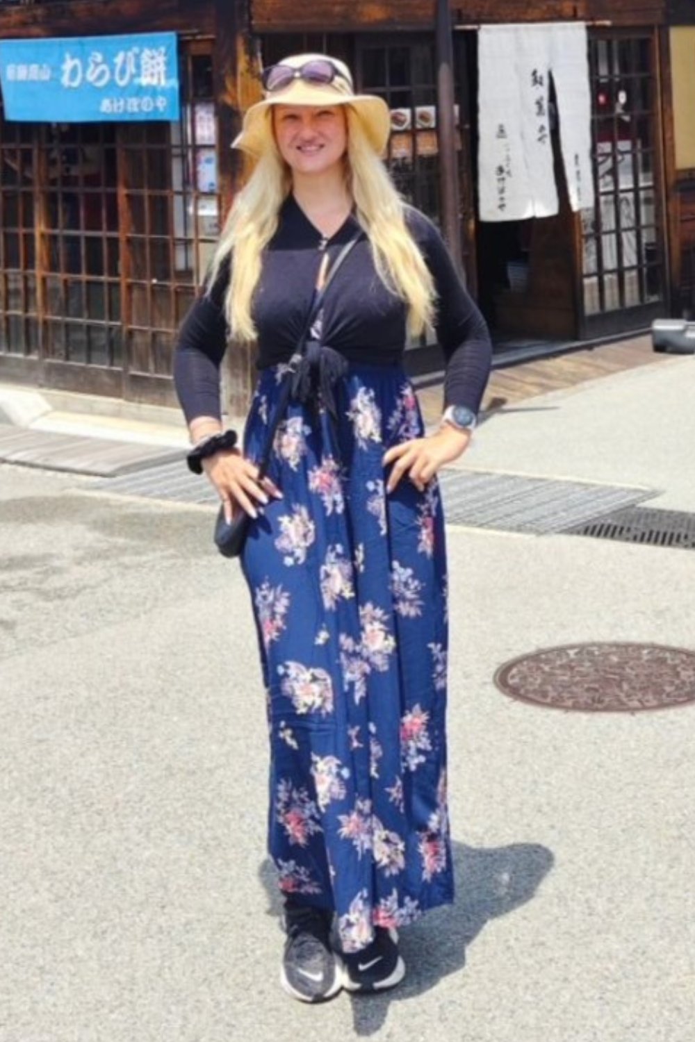 Navy Top, Floral Skirt, and Sun Hat