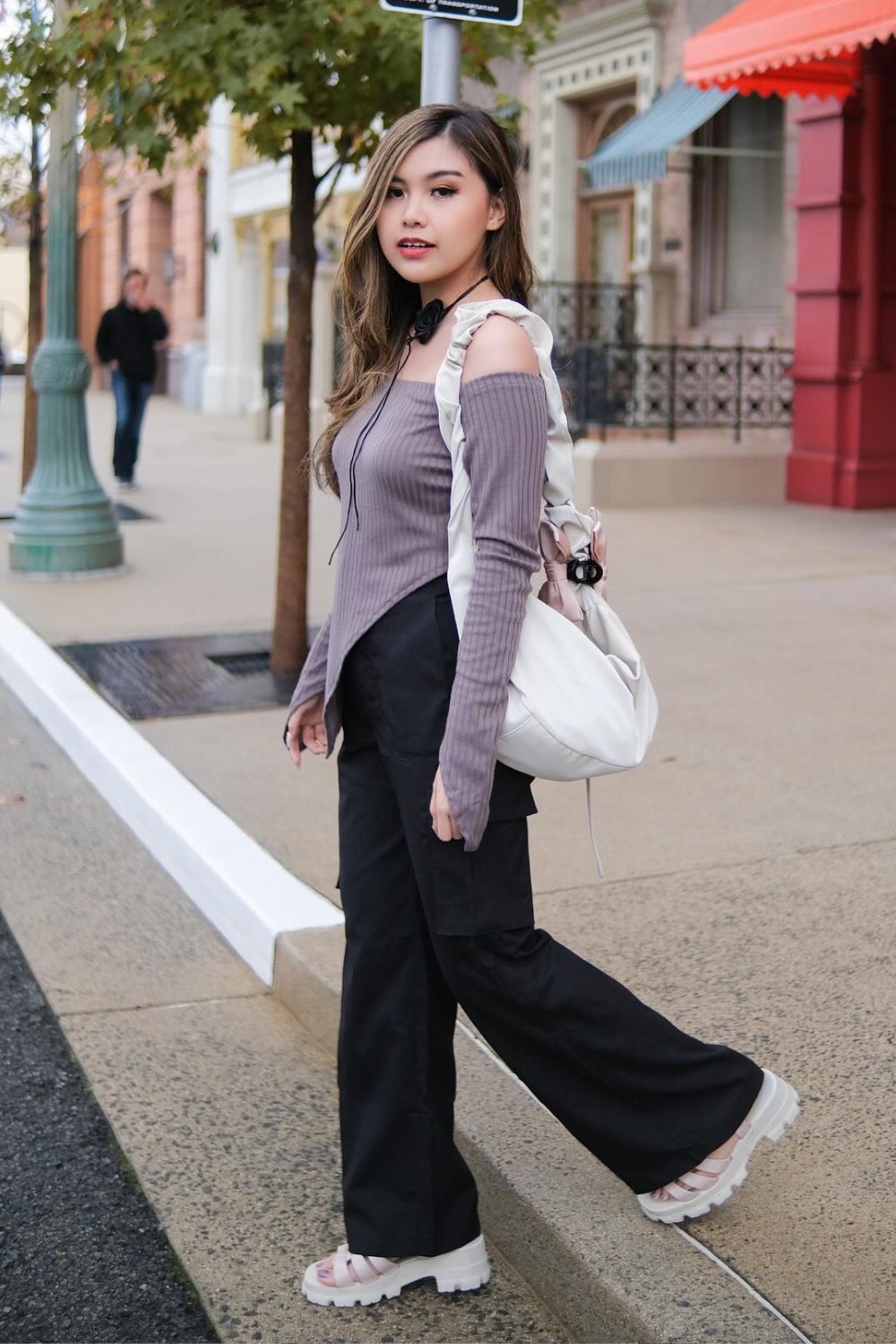 Off-Shoulder Ribbed Top, Wide-Leg Pants, and Sandals