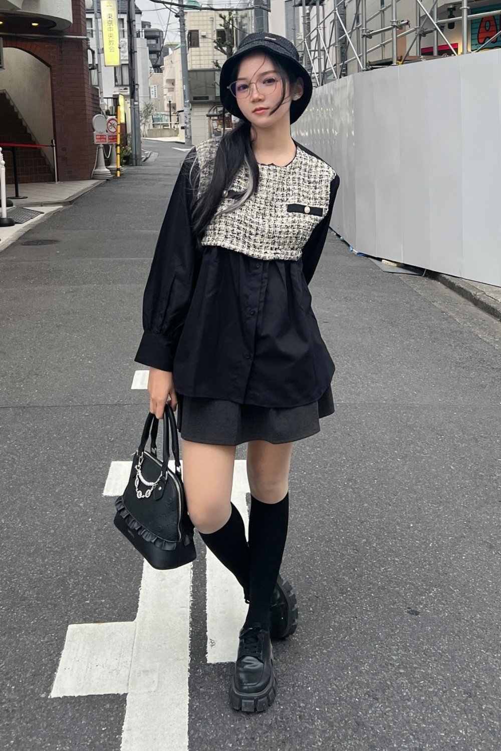 Black Oversized Shirt, Mini Skirt, and Platform Boots