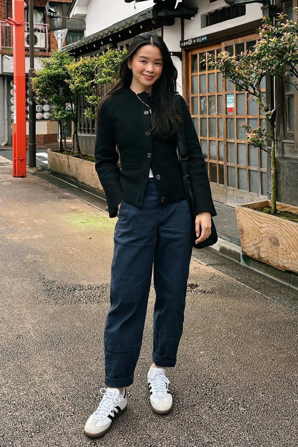 Black Cardigan, Navy Pants, and White Sneakers