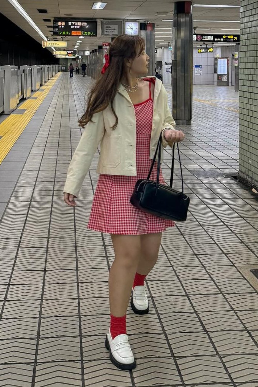 Red Gingham Dress and White Loafers