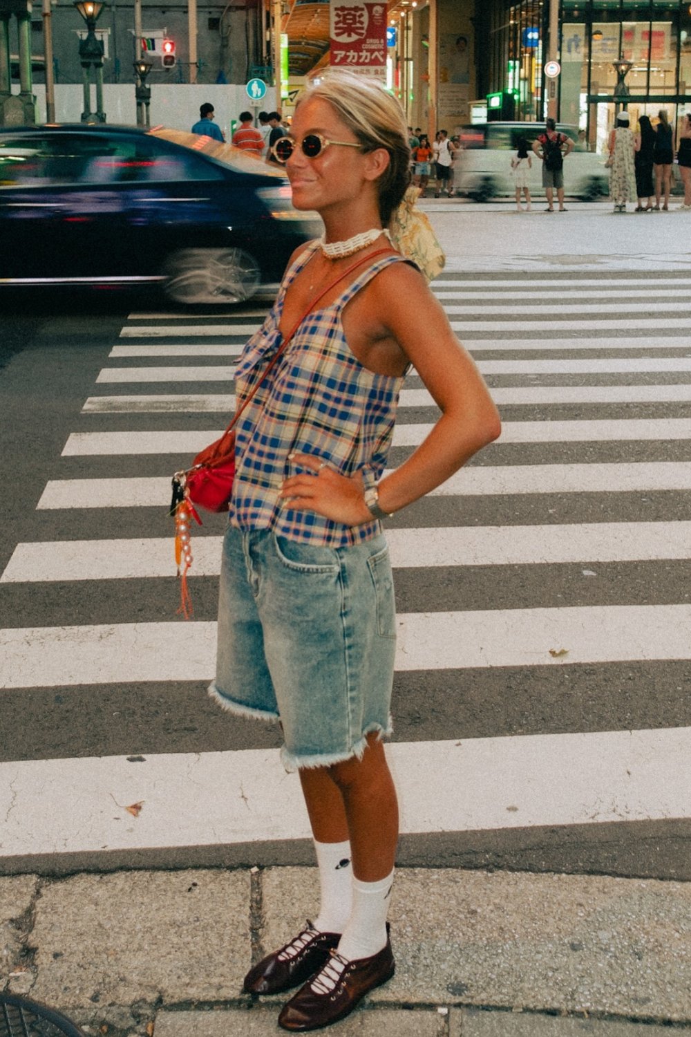 Plaid Crop Top, Denim Shorts, and Oxfords