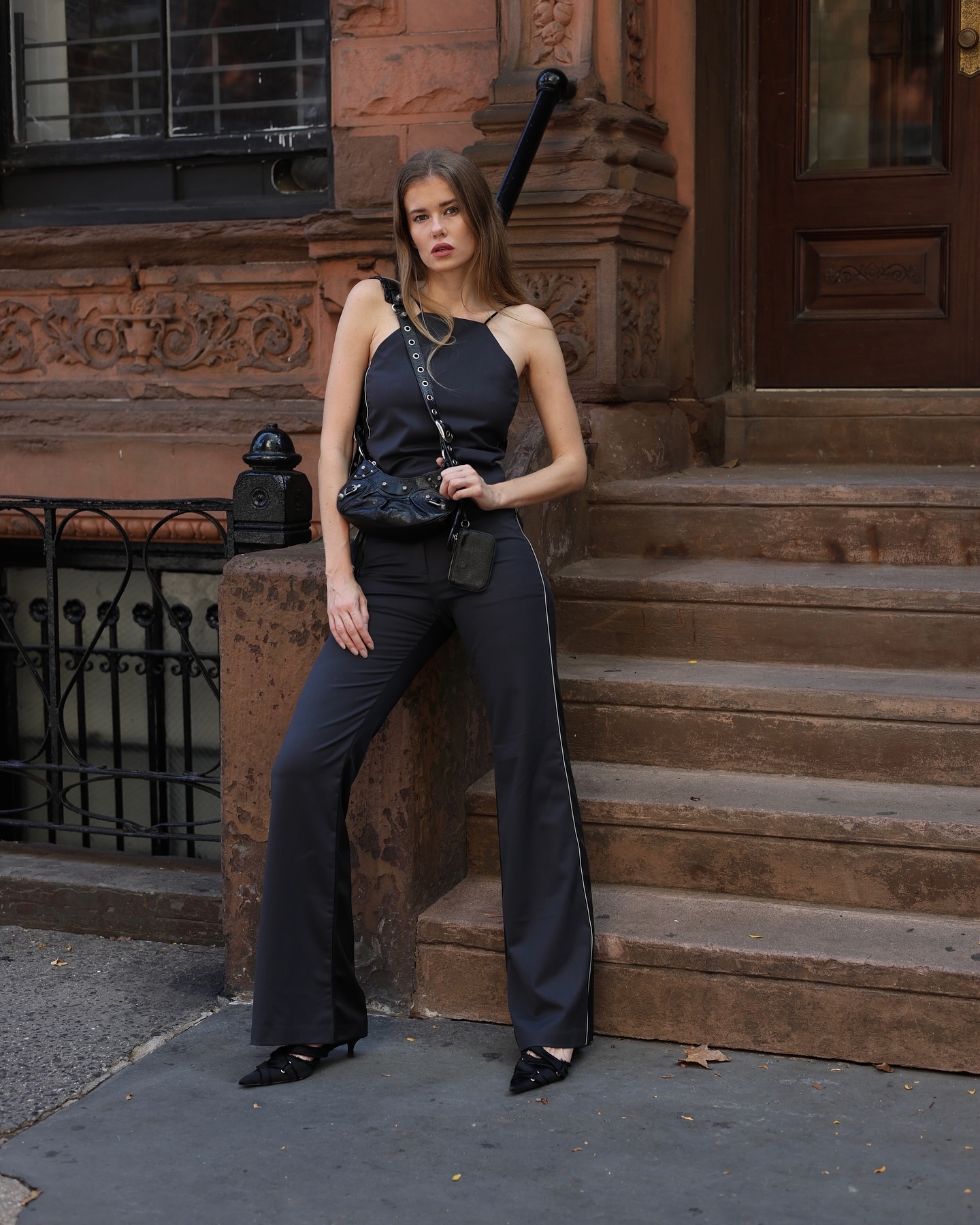 Black Halter Top and Piped Trousers