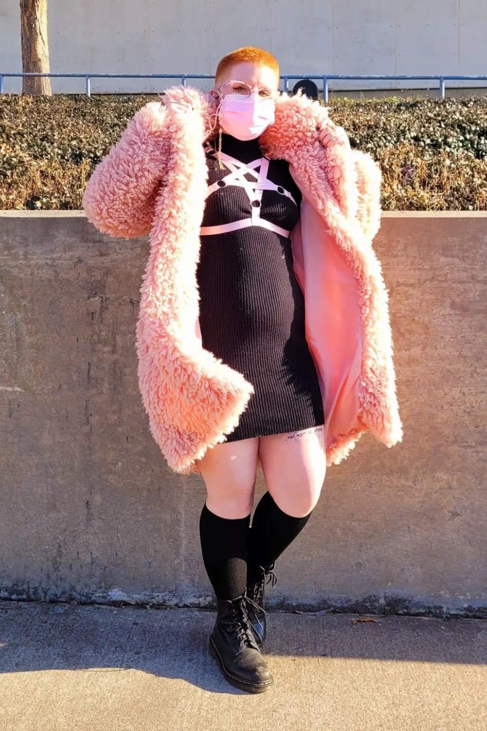 Black Mini Dress with Pink Coat