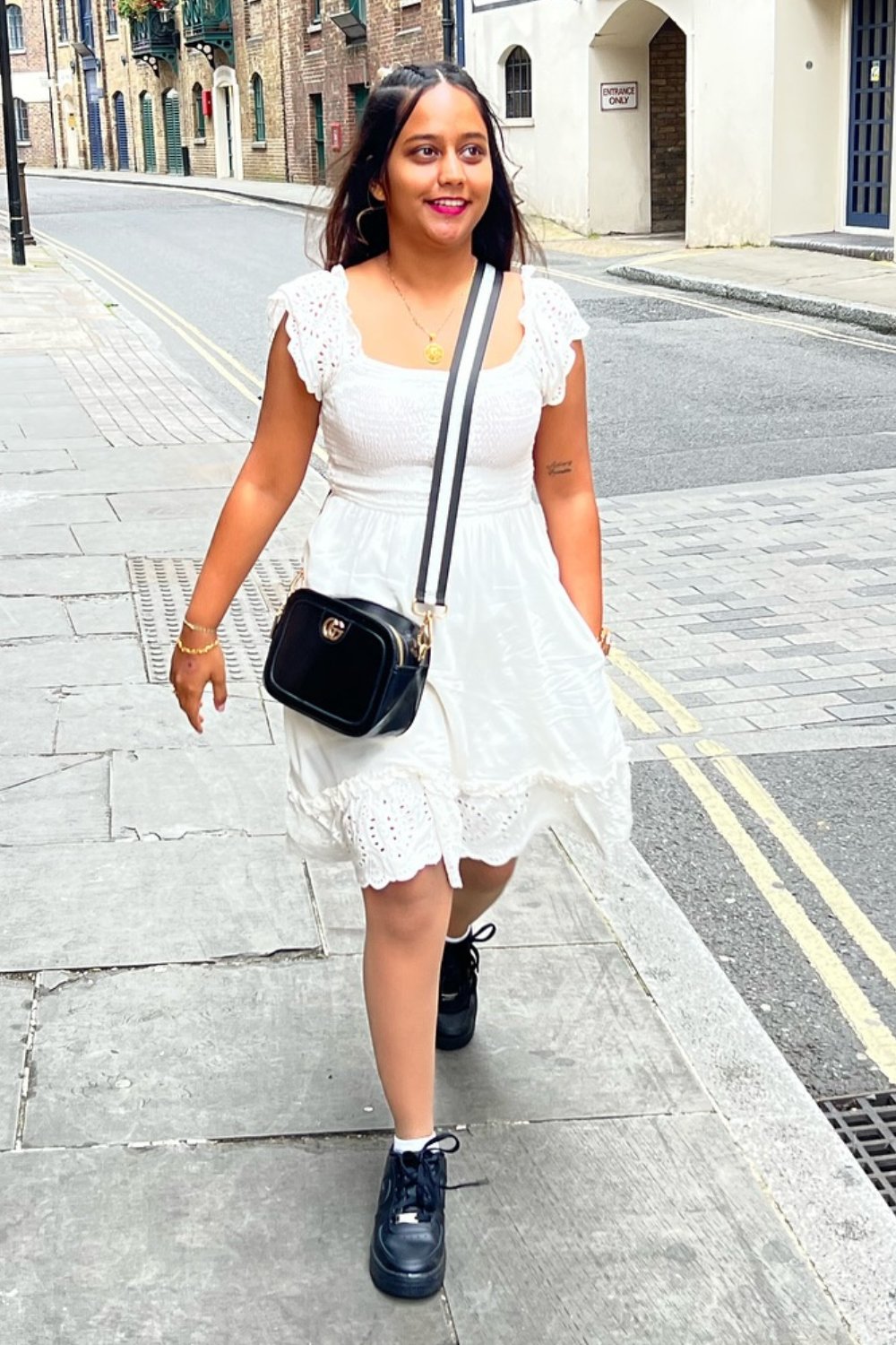 White Lace Mini Dress and Black Crossbody Bag