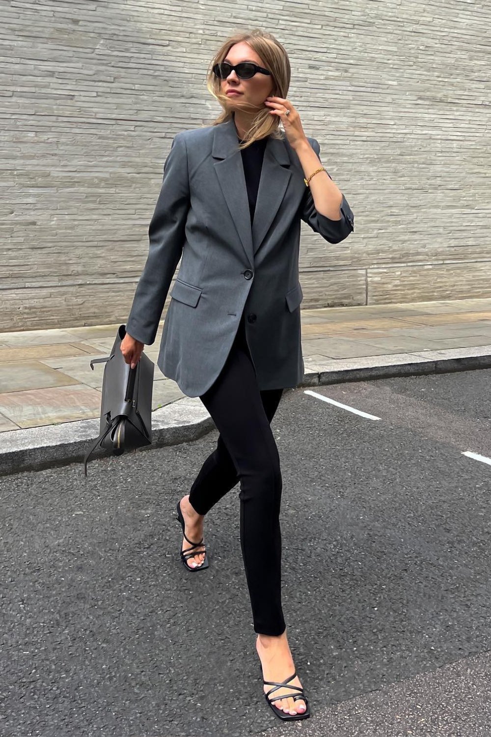 Gray Oversized Blazer, Black Top, and Black Skinny Pants