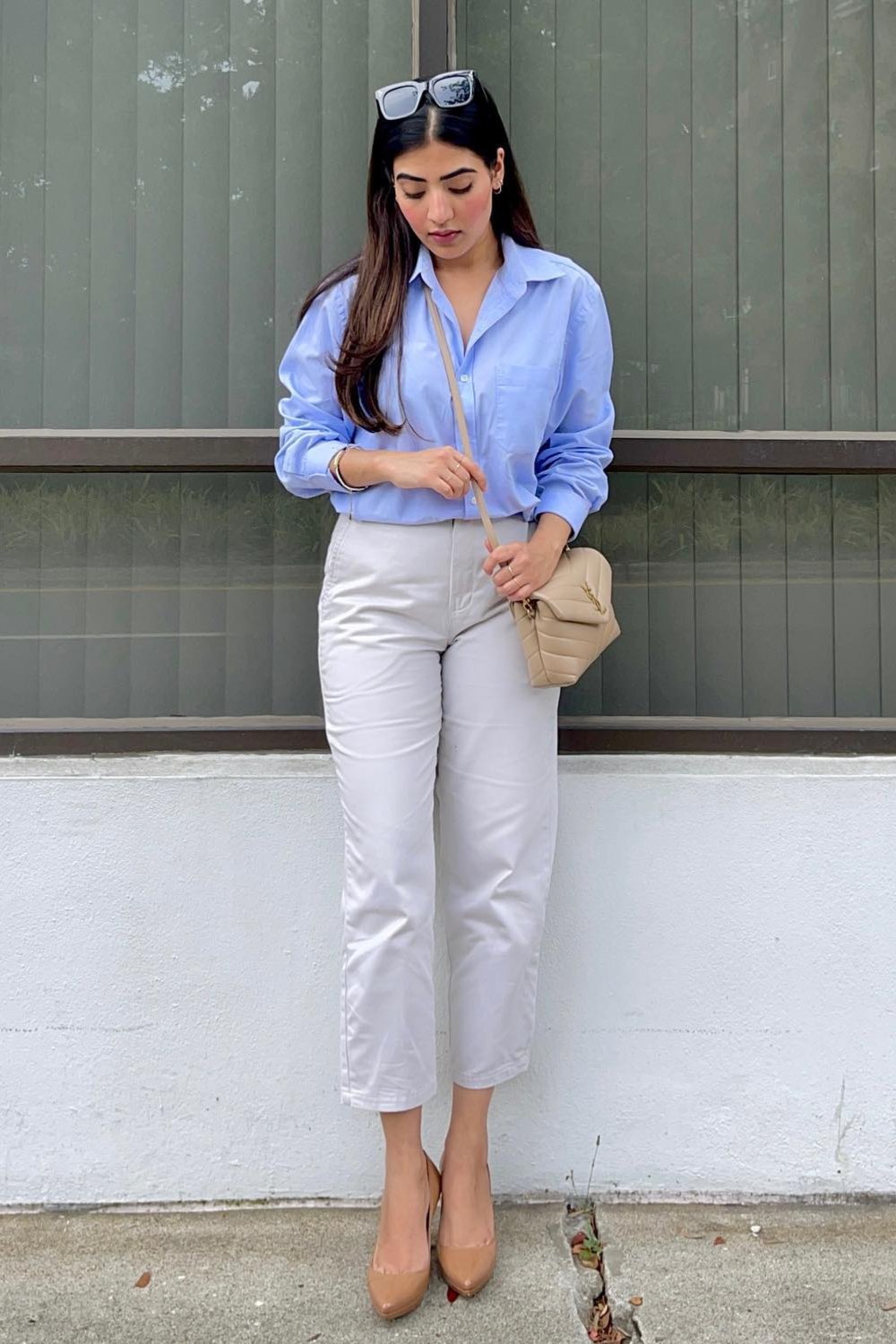 Light Blue Button-Up Shirt and White Cropped Trousers