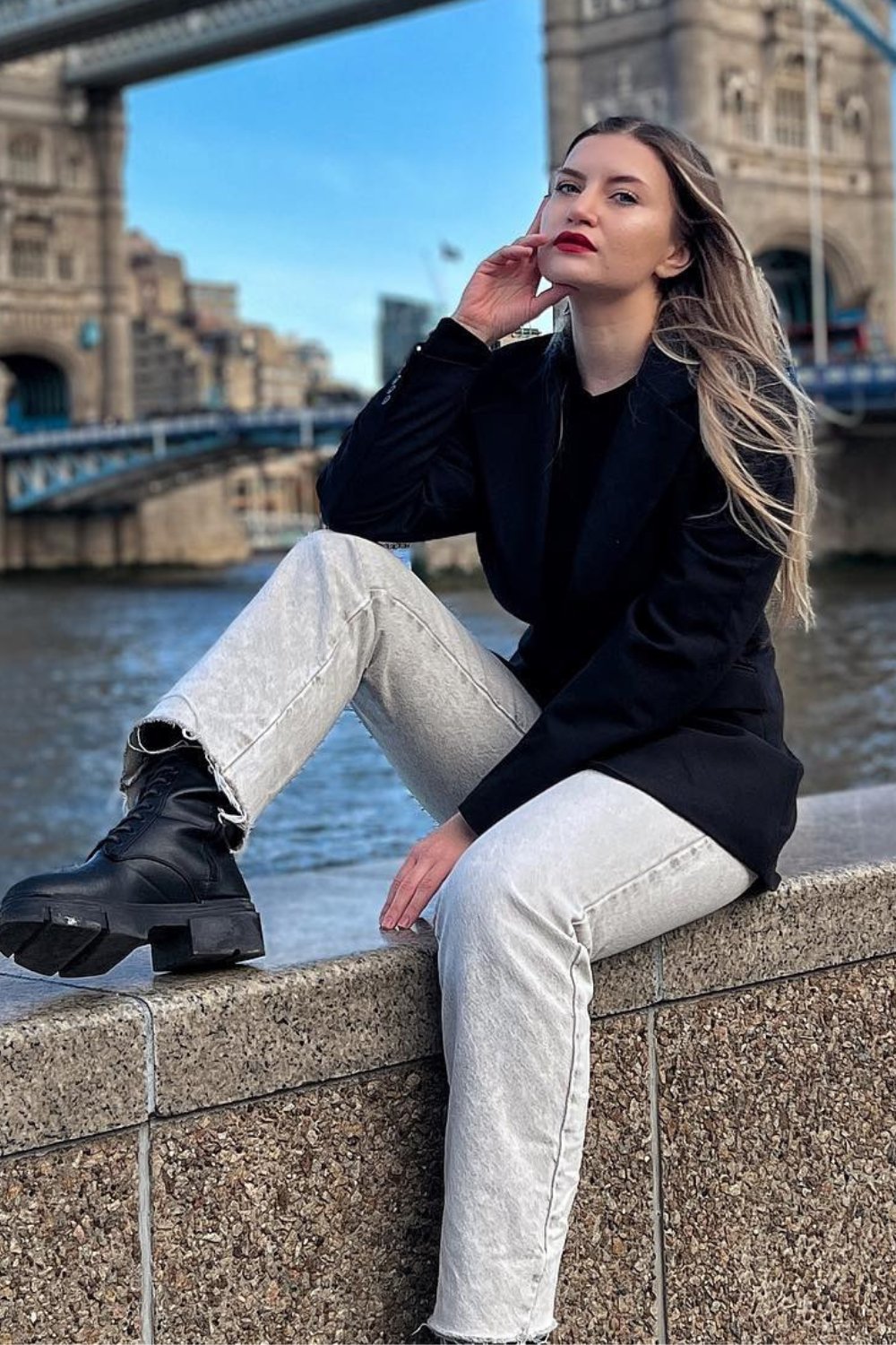 Black Oversized Blazer and White Straight-Leg Jeans