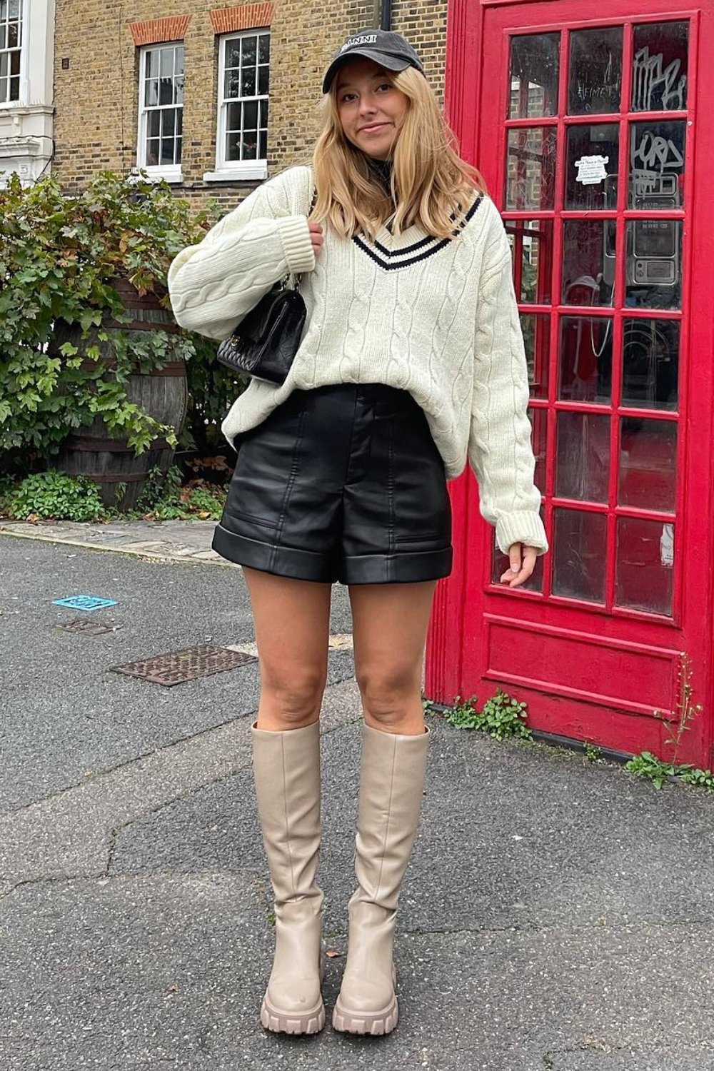 Cream Cable Knit Sweater and Black Leather Shorts