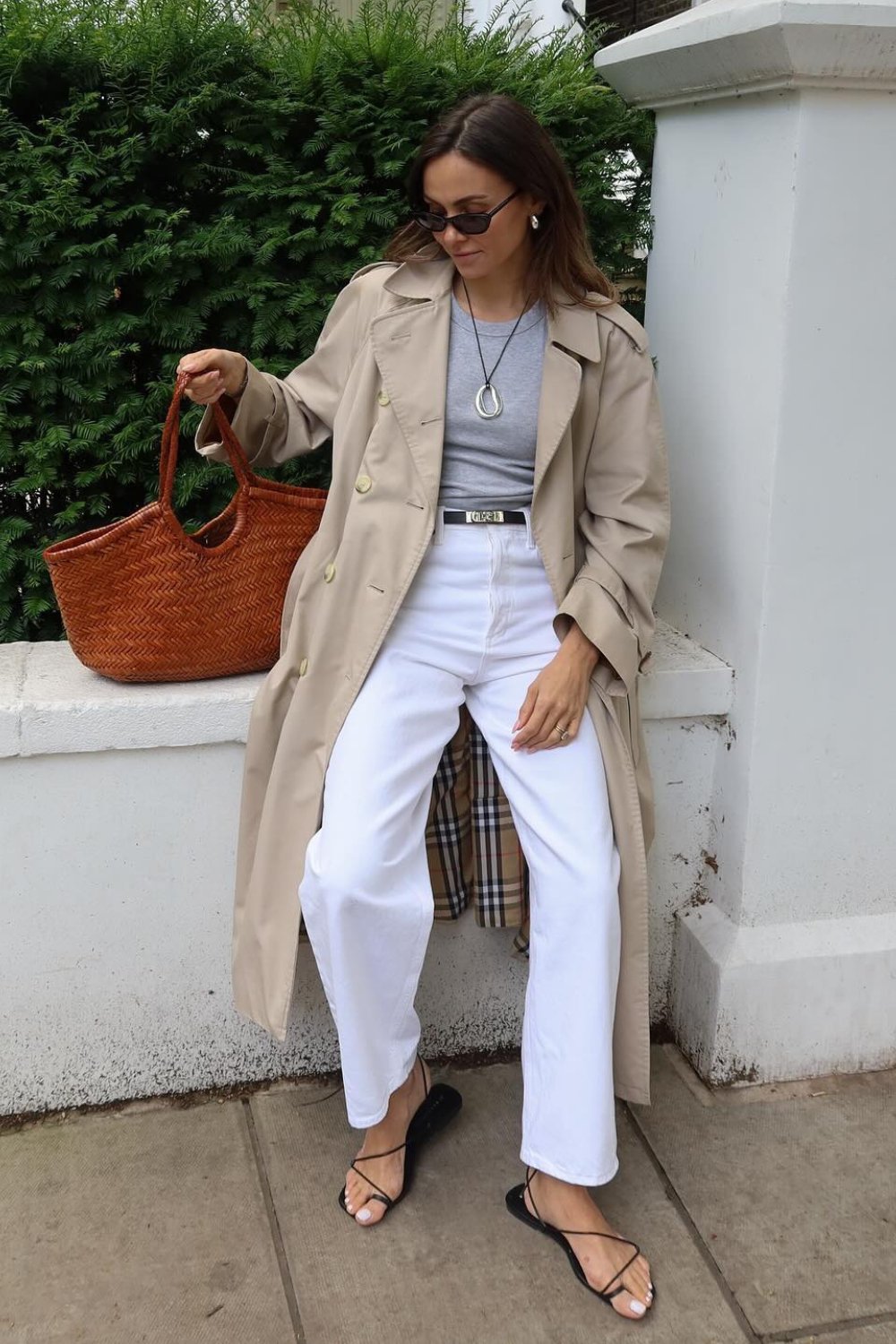 Beige Trench Coat and White Wide-Leg Pants