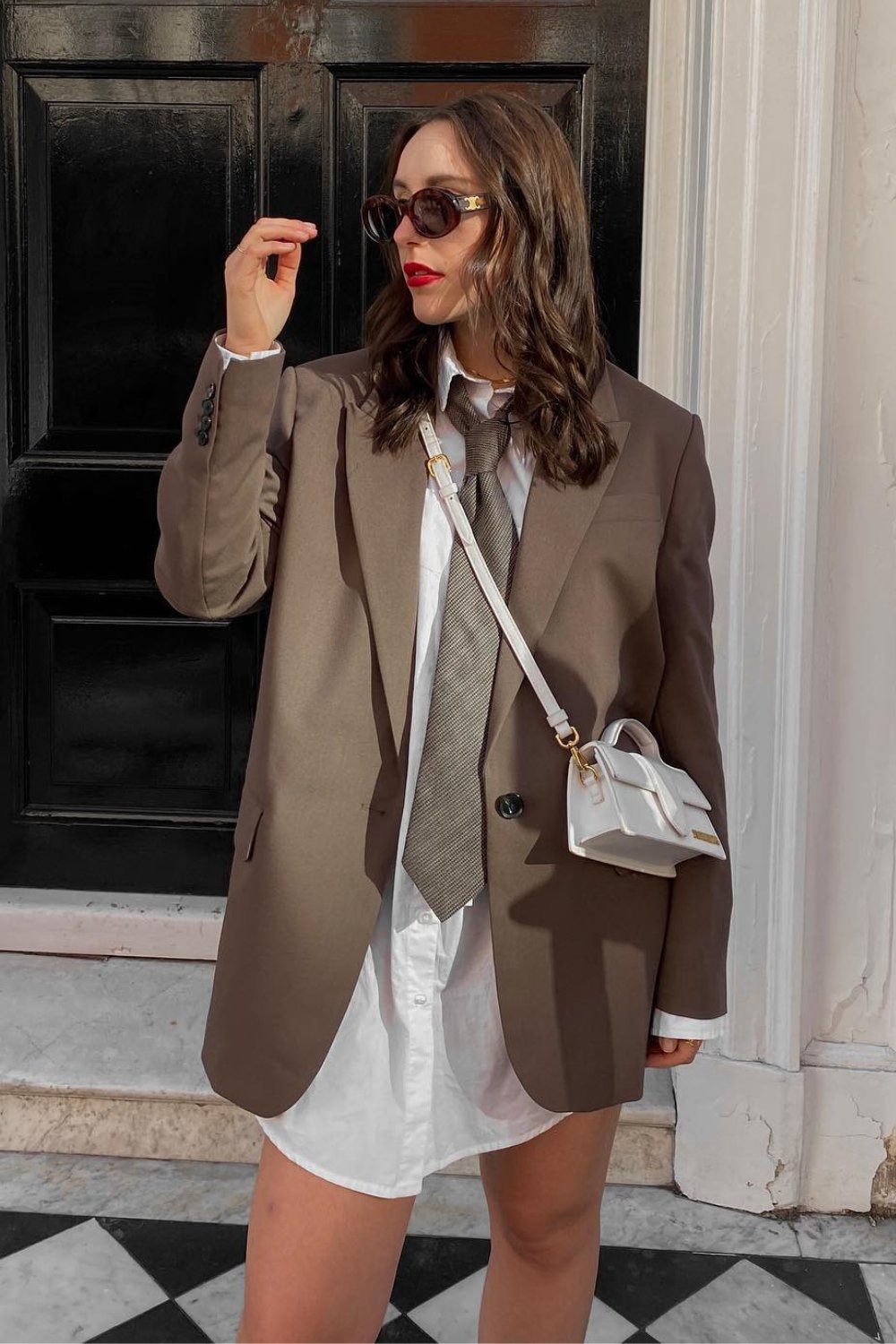 Tan Oversized Blazer and White Shirt Dress