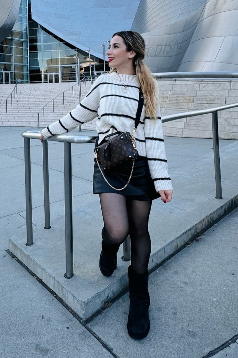 White Striped Sweater & Black Mini Skirt