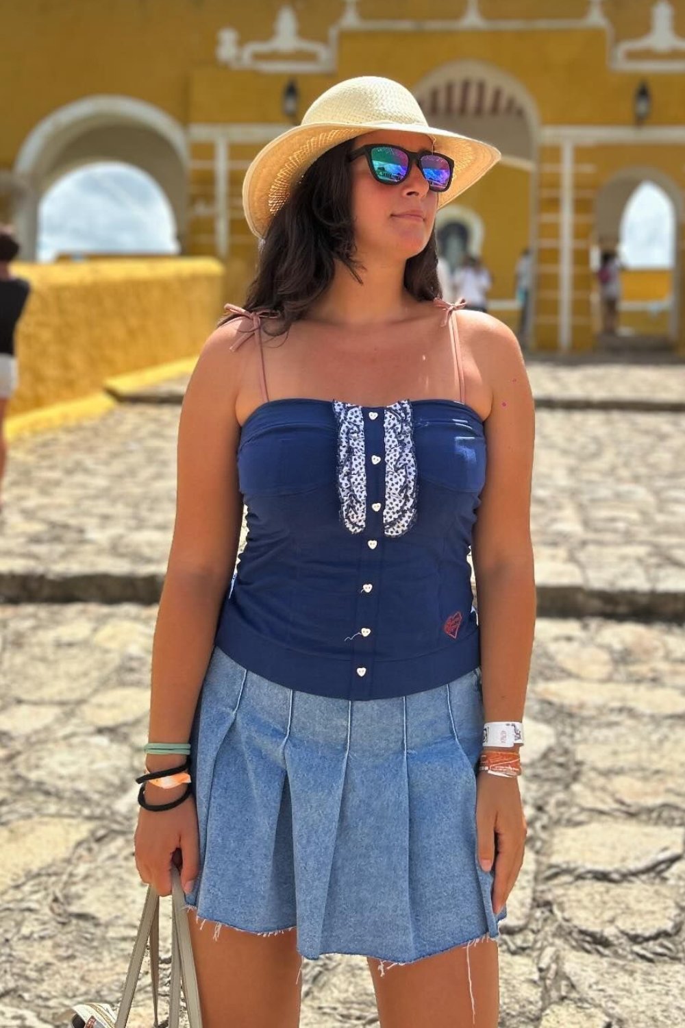 Navy Blue Strapless Top, Light Blue Pleated Skirt & Straw Sun Hat