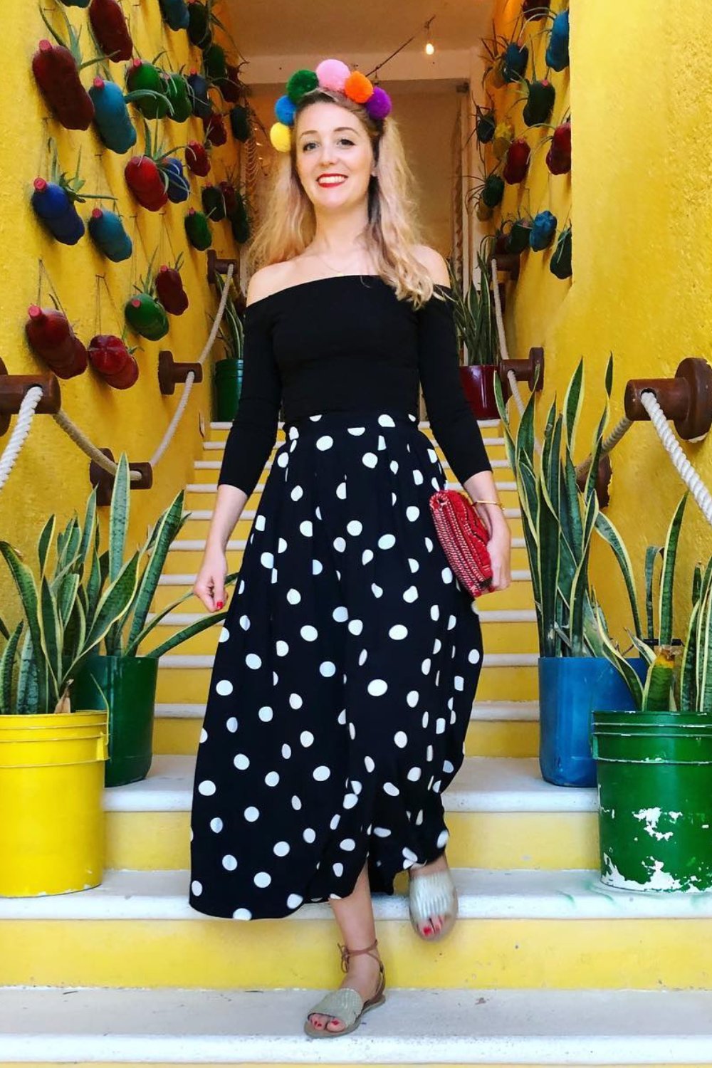 Black Long Sleeve Off-Shoulder Top & Polka Dot Maxi Skirt