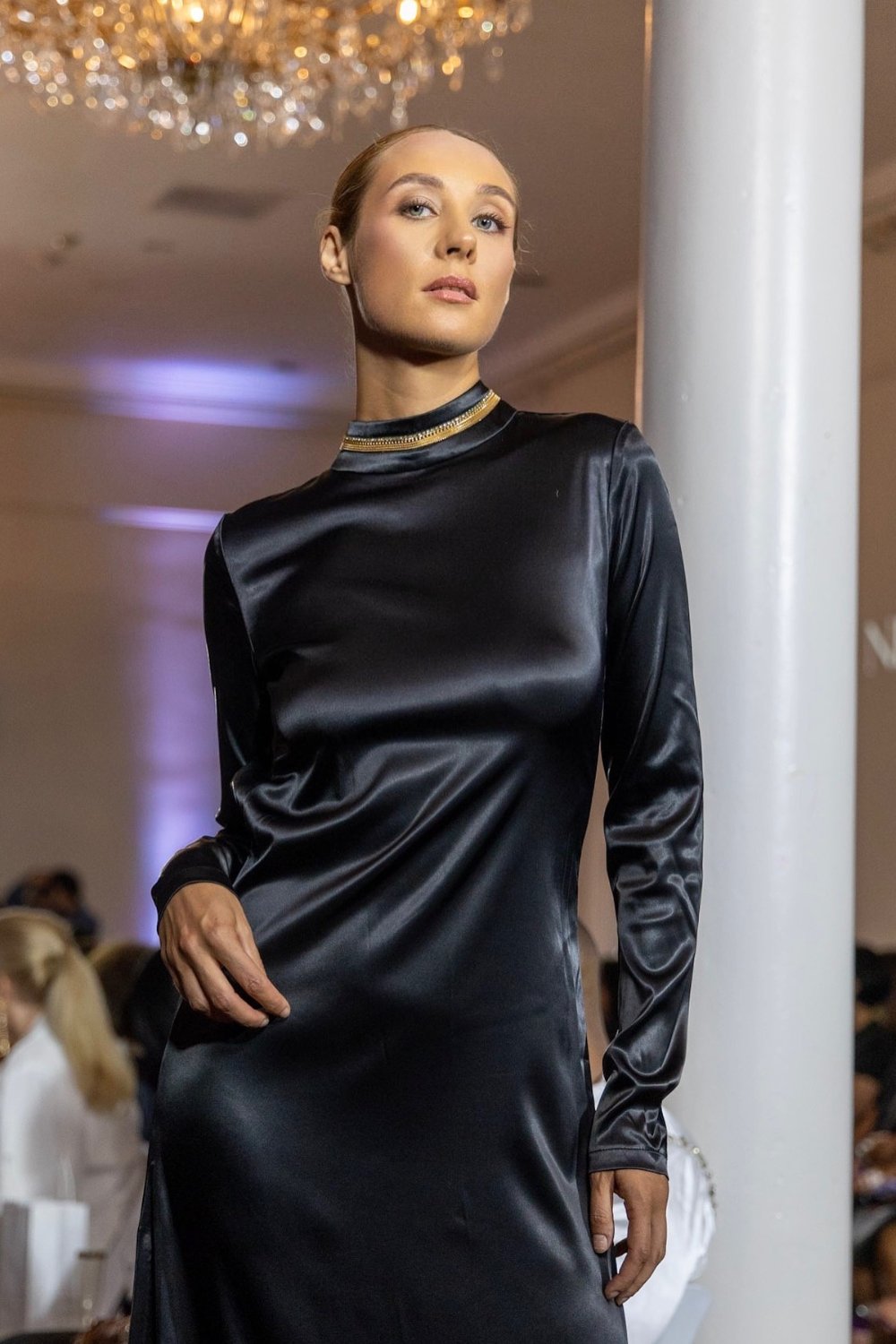 Black Satin Long-Sleeve Dress