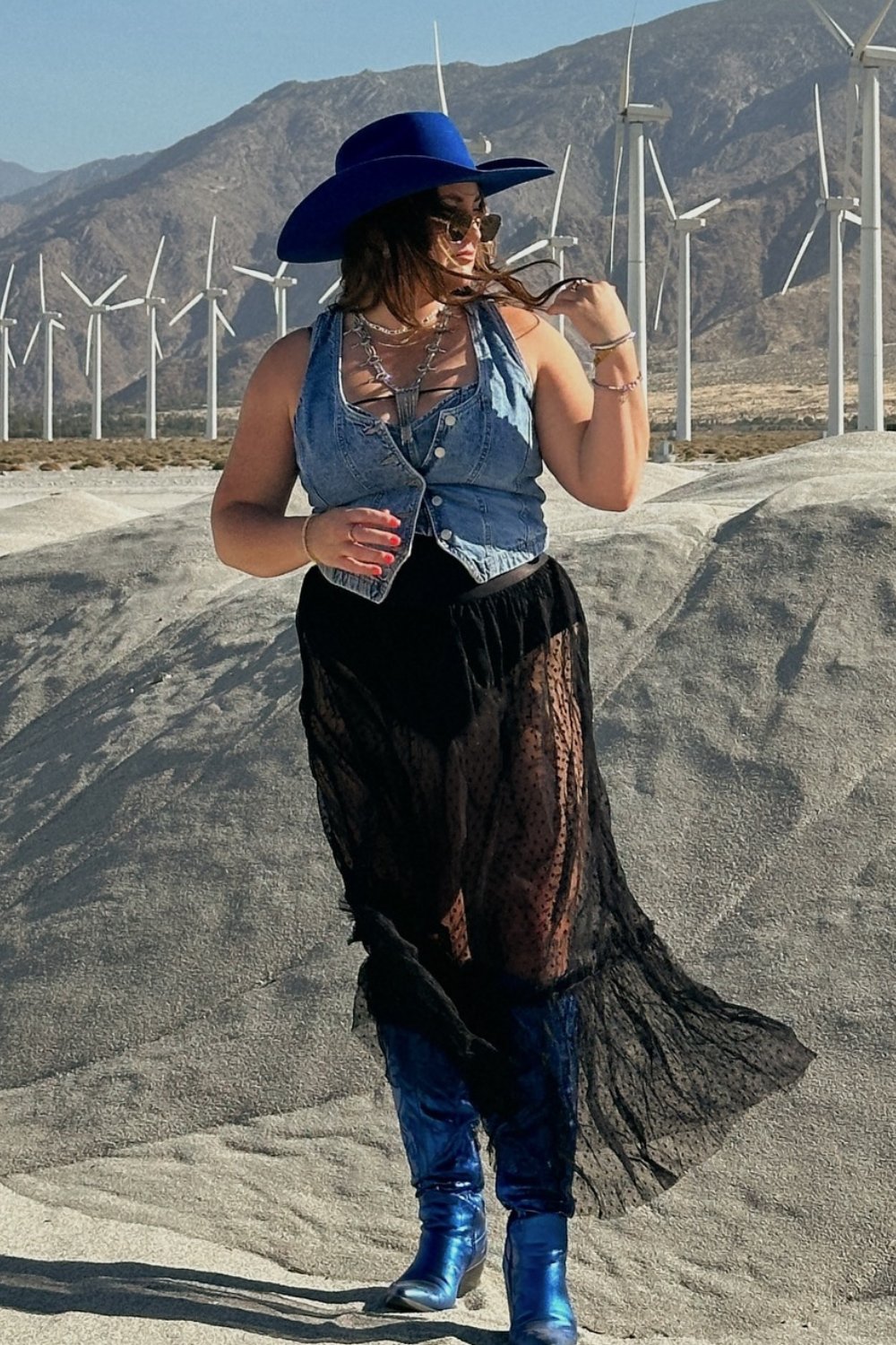 Denim Vest with Sheer Maxi Skirt