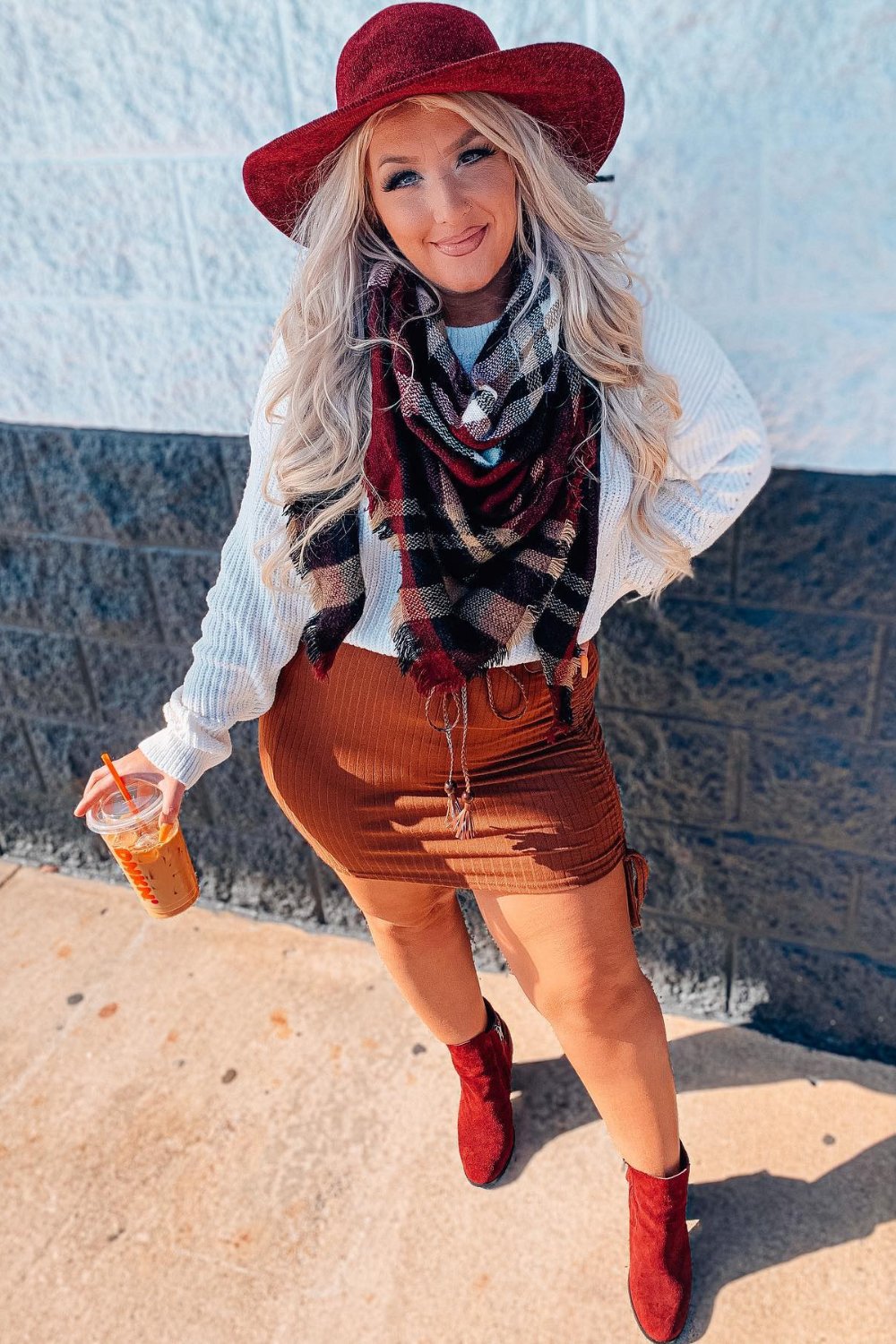 White Cable Knit Sweater and Plaid Scarf