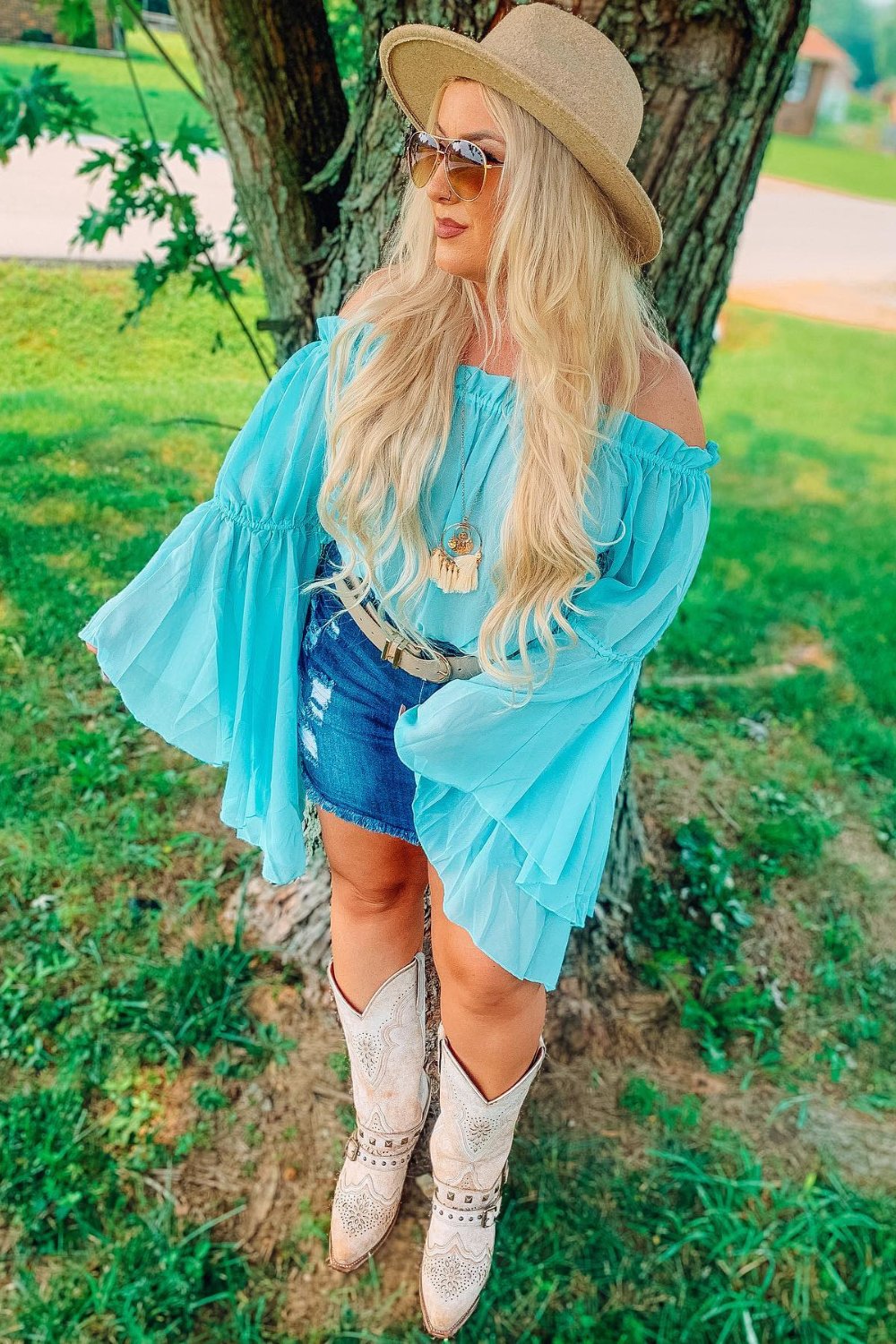 Light Blue Off-Shoulder Top and Denim Skirt