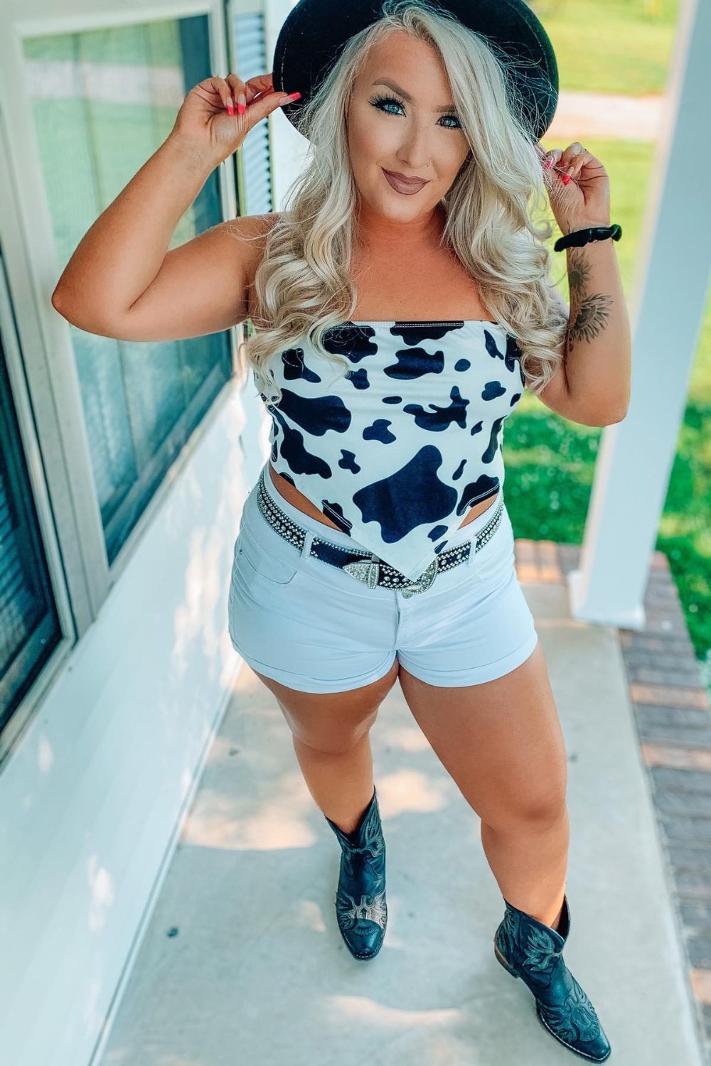 Cow Print Tube Top and White Denim Shorts