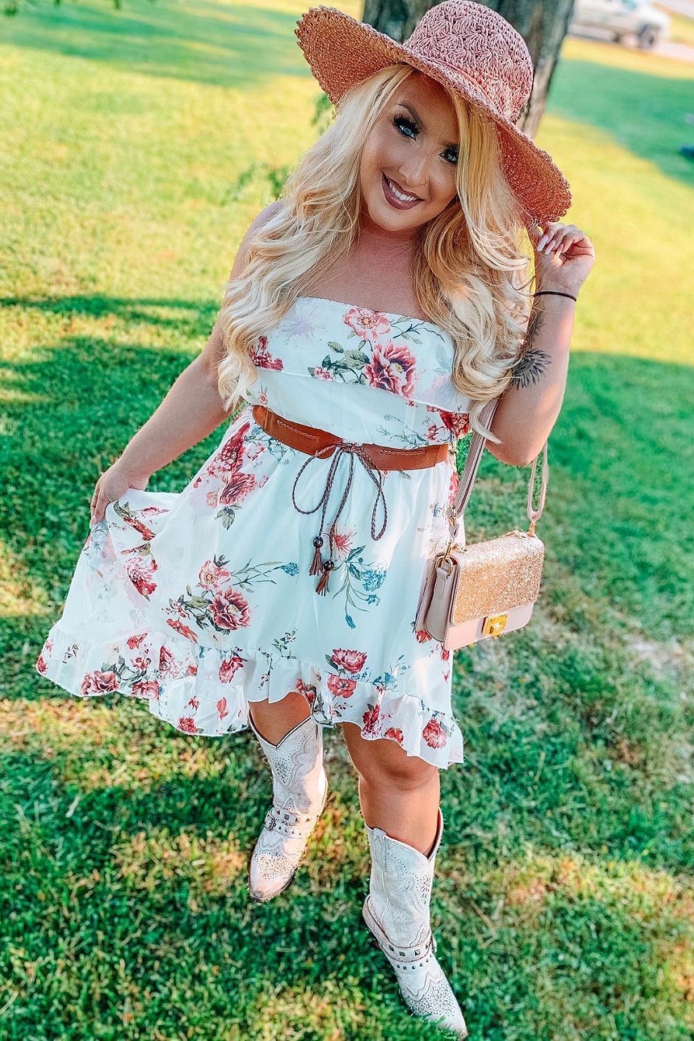 White Floral Strapless Dress