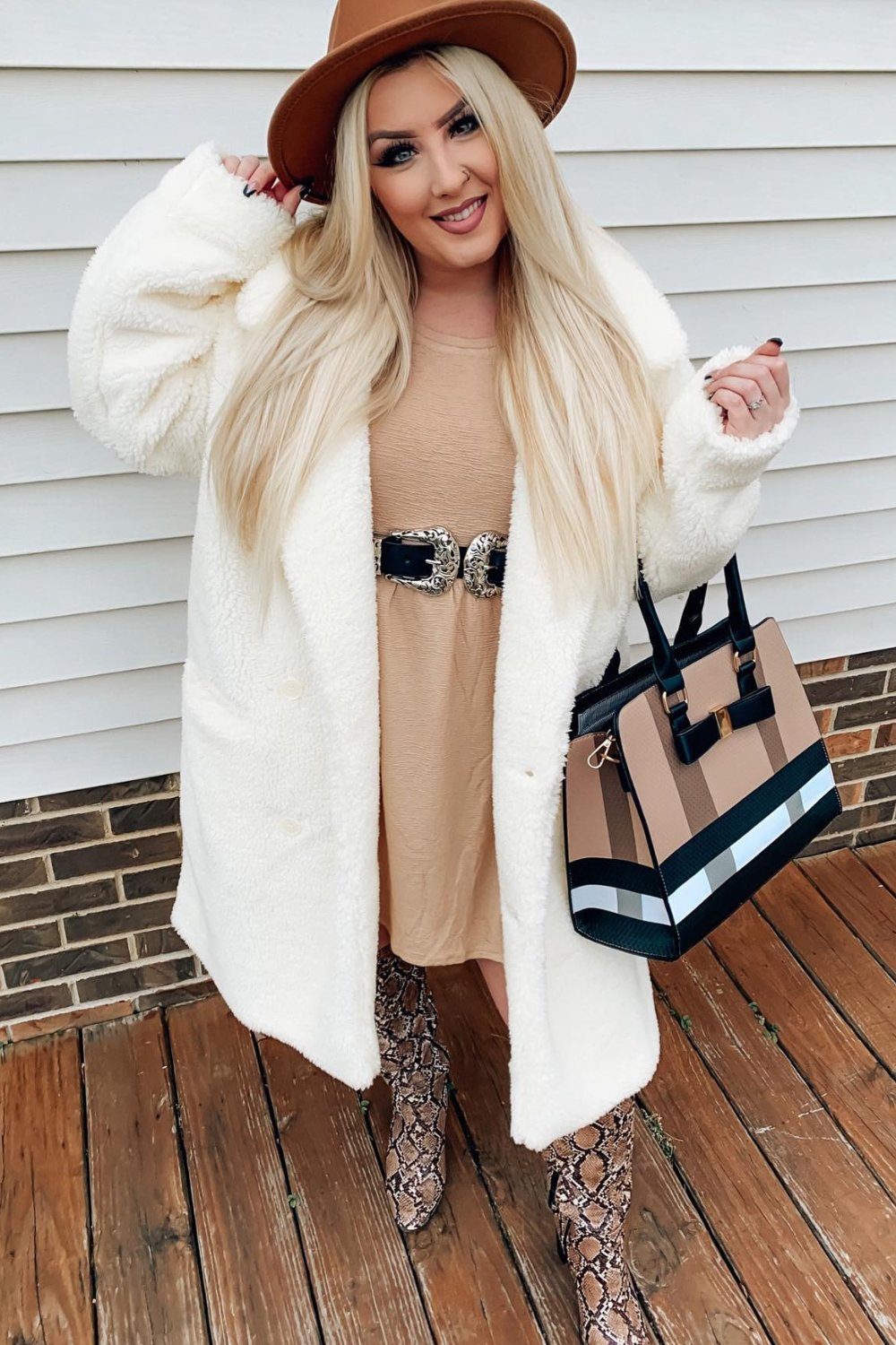 Beige T-Shirt Dress with Fuzzy Cardigan