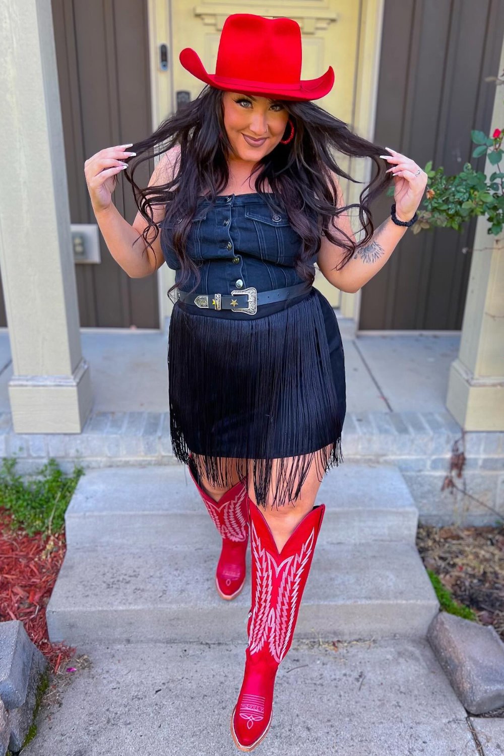 Black Denim Dress with Red Accents