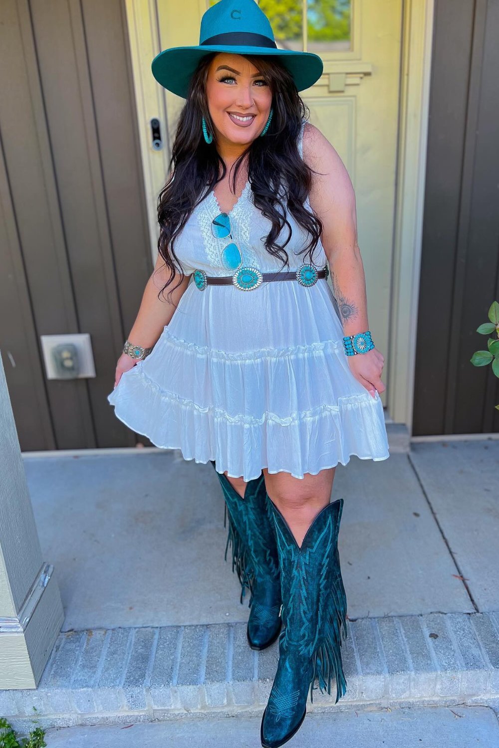 White Tiered Dress with Turquoise Accessories