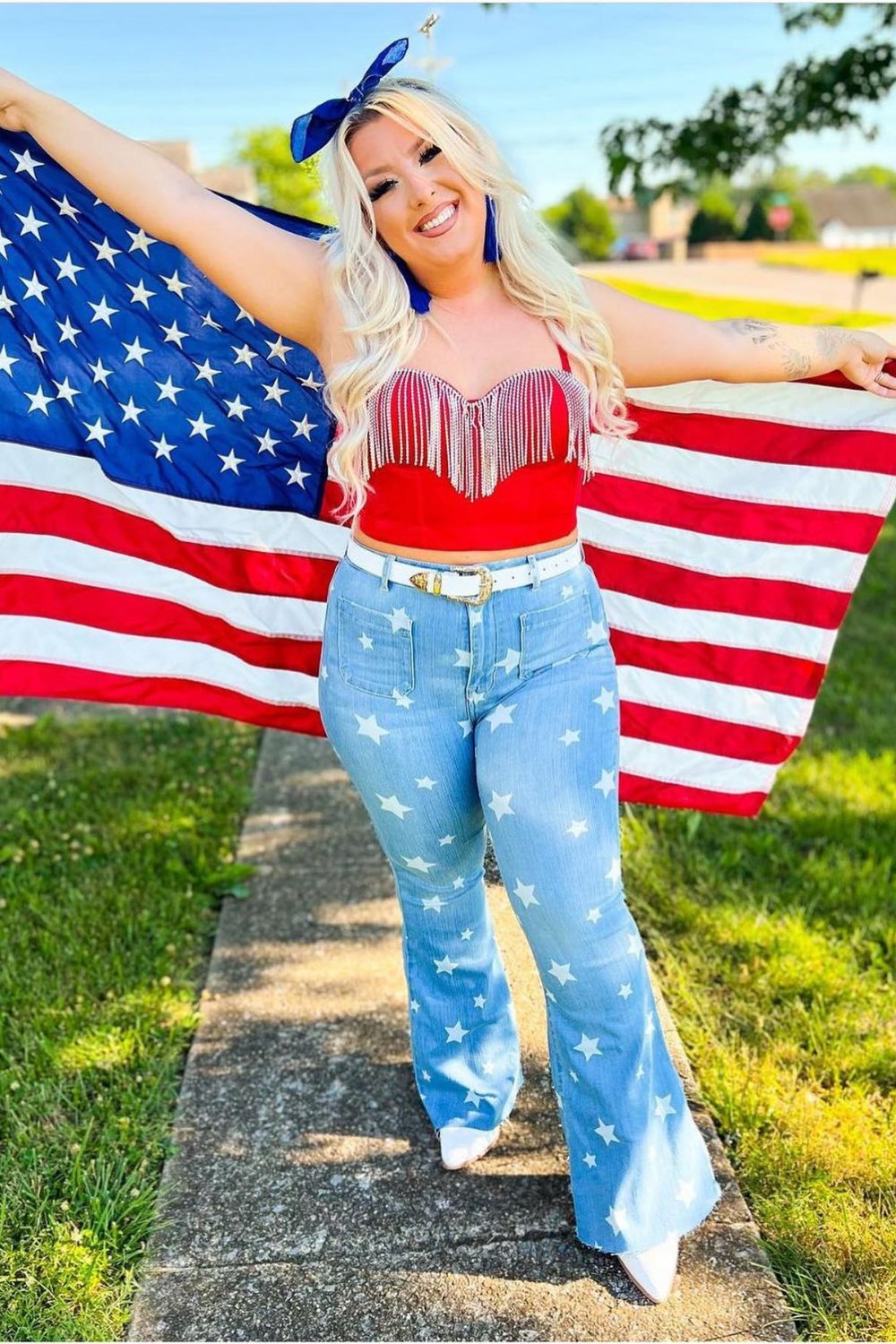 Red Fringe Crop Top and Star-Printed Jeans