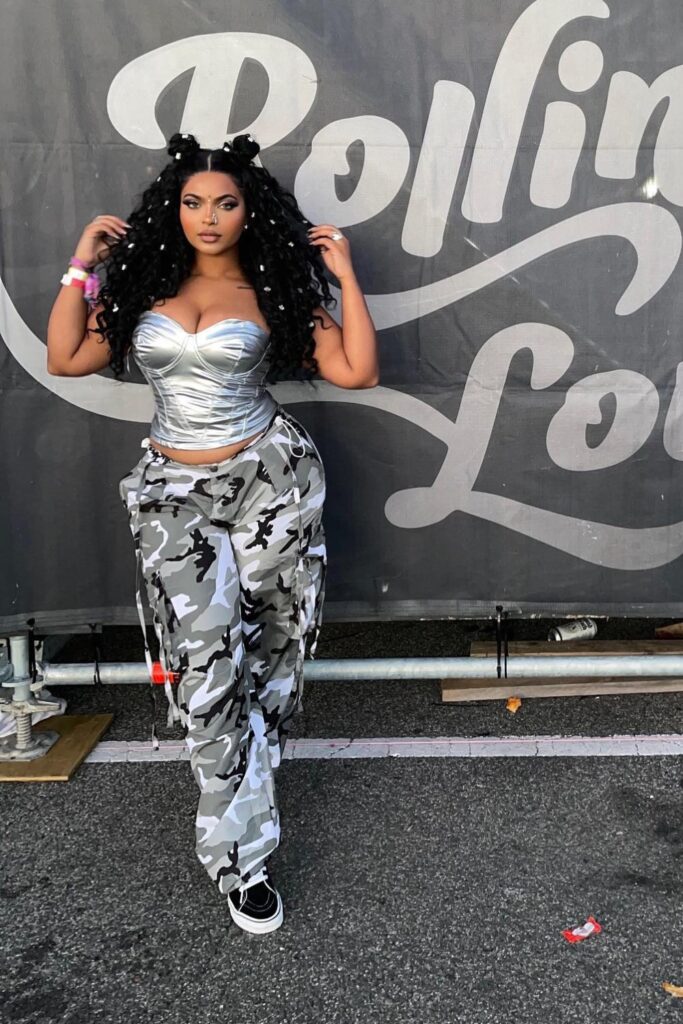 Silver Metallic Bustier Top, Camo Pants, and White Sneakers