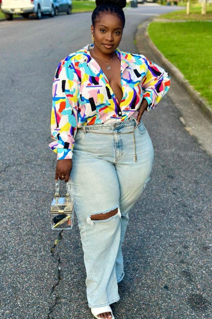 Multicolor Abstract Print Blouse, Light Wash Jeans, and Sandals