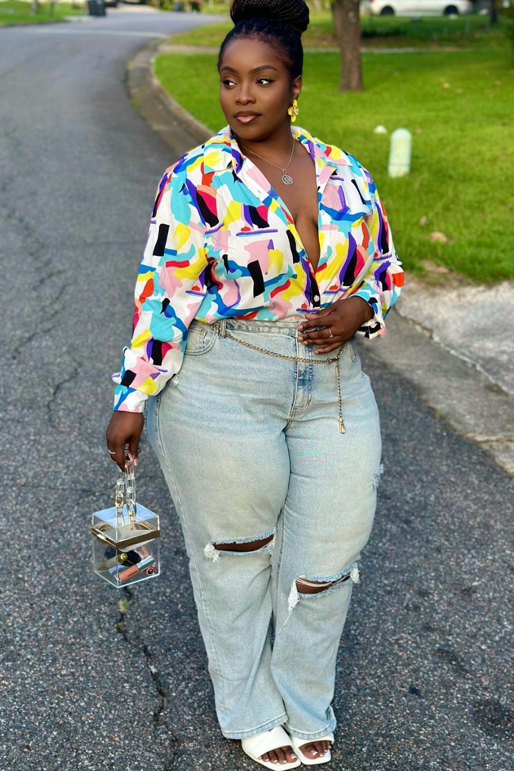 Abstract Print Shirt with Distressed Jeans