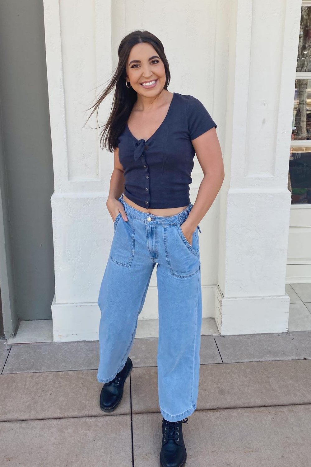 Navy Crop Top with Wide-Leg Jeans