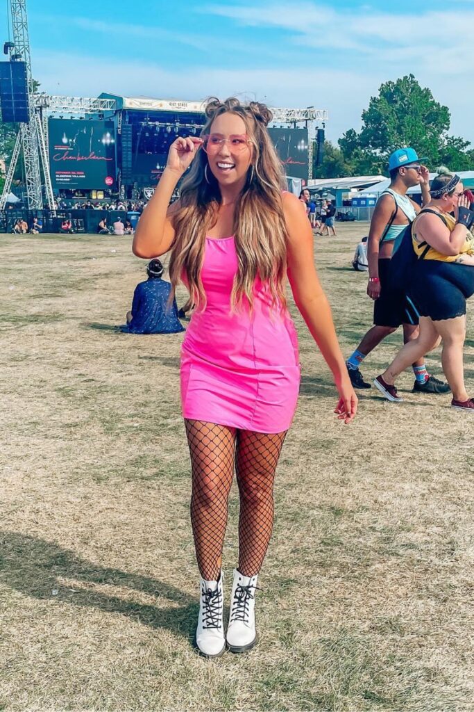 Hot Pink Mini Dress and Fishnet Stockings