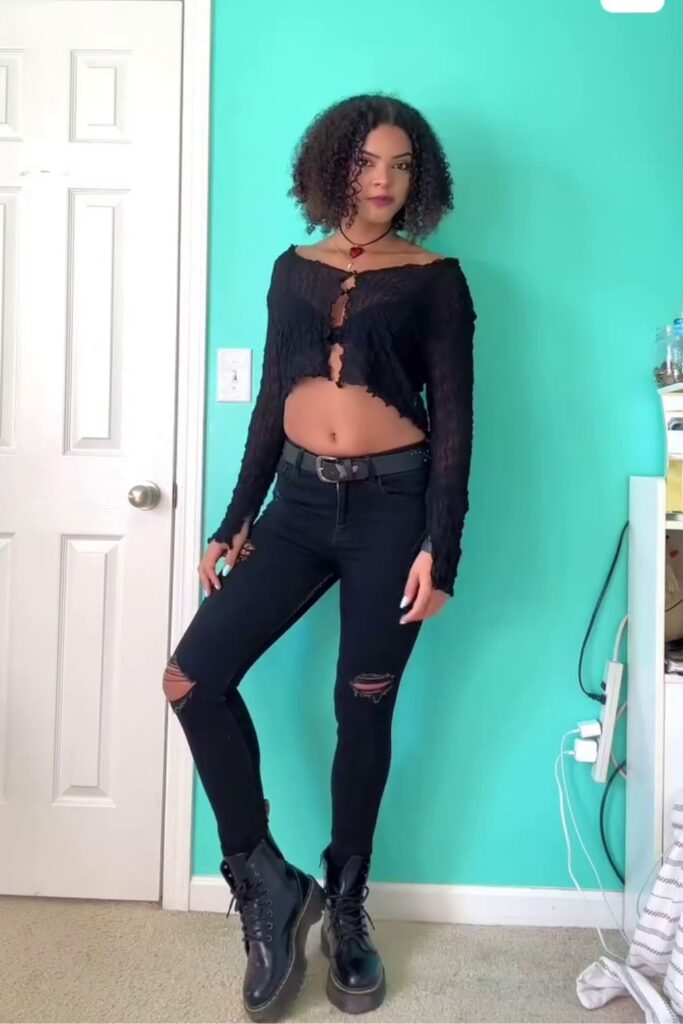 Black Off-Shoulder Crop Top and Dark Ripped Skinny Jeans