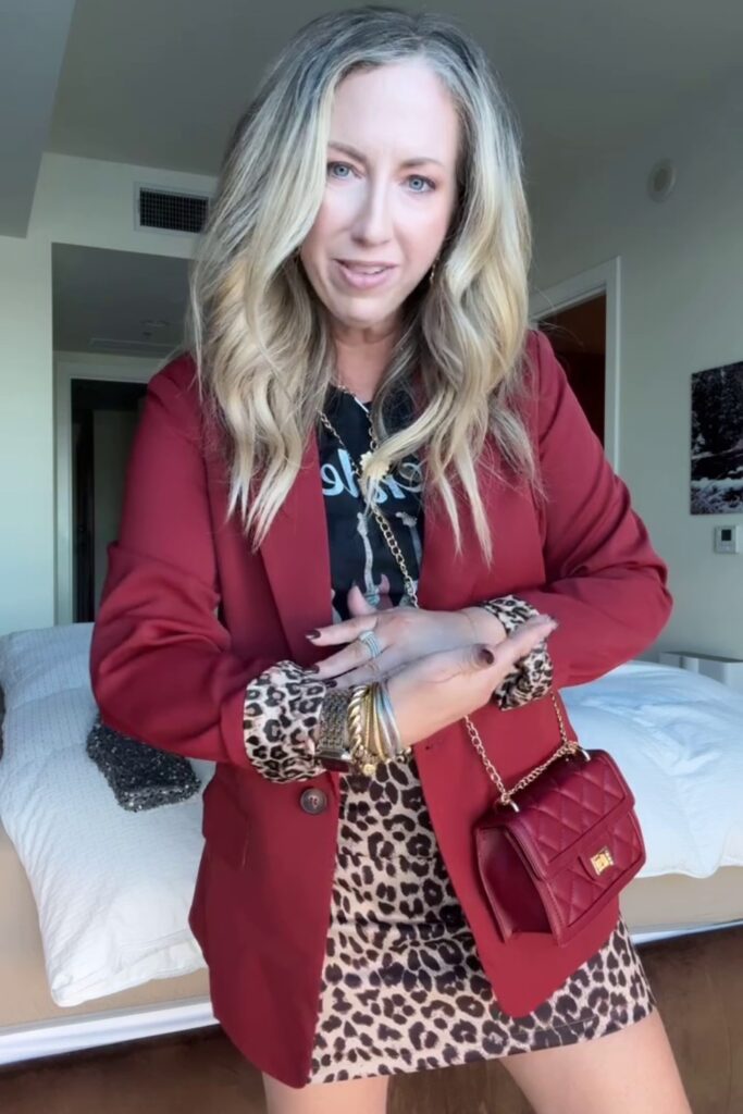 Burgundy Blazer and Leopard Print Mini Skirt