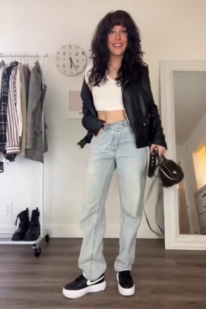 Black Leather Jacket and Light Wash Jeans