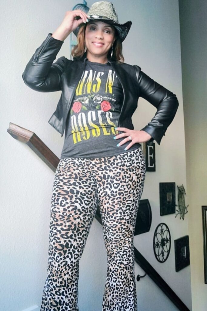 Leather Jacket, Graphic Tee, and Leopard Print Flared Pants