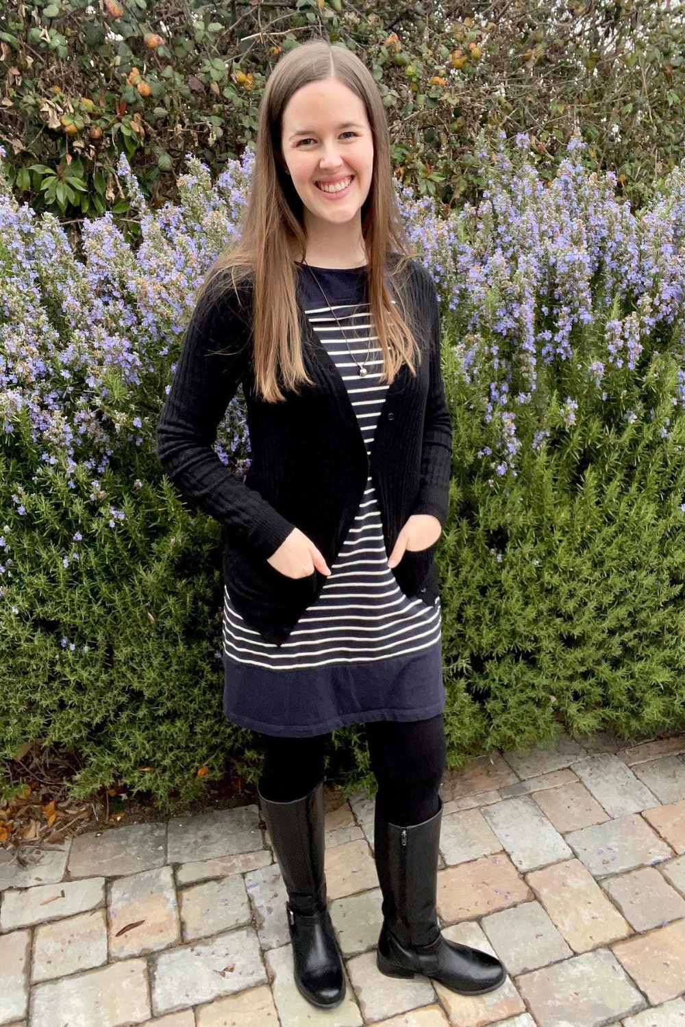 Cardigan, Striped Dress, and Leggings